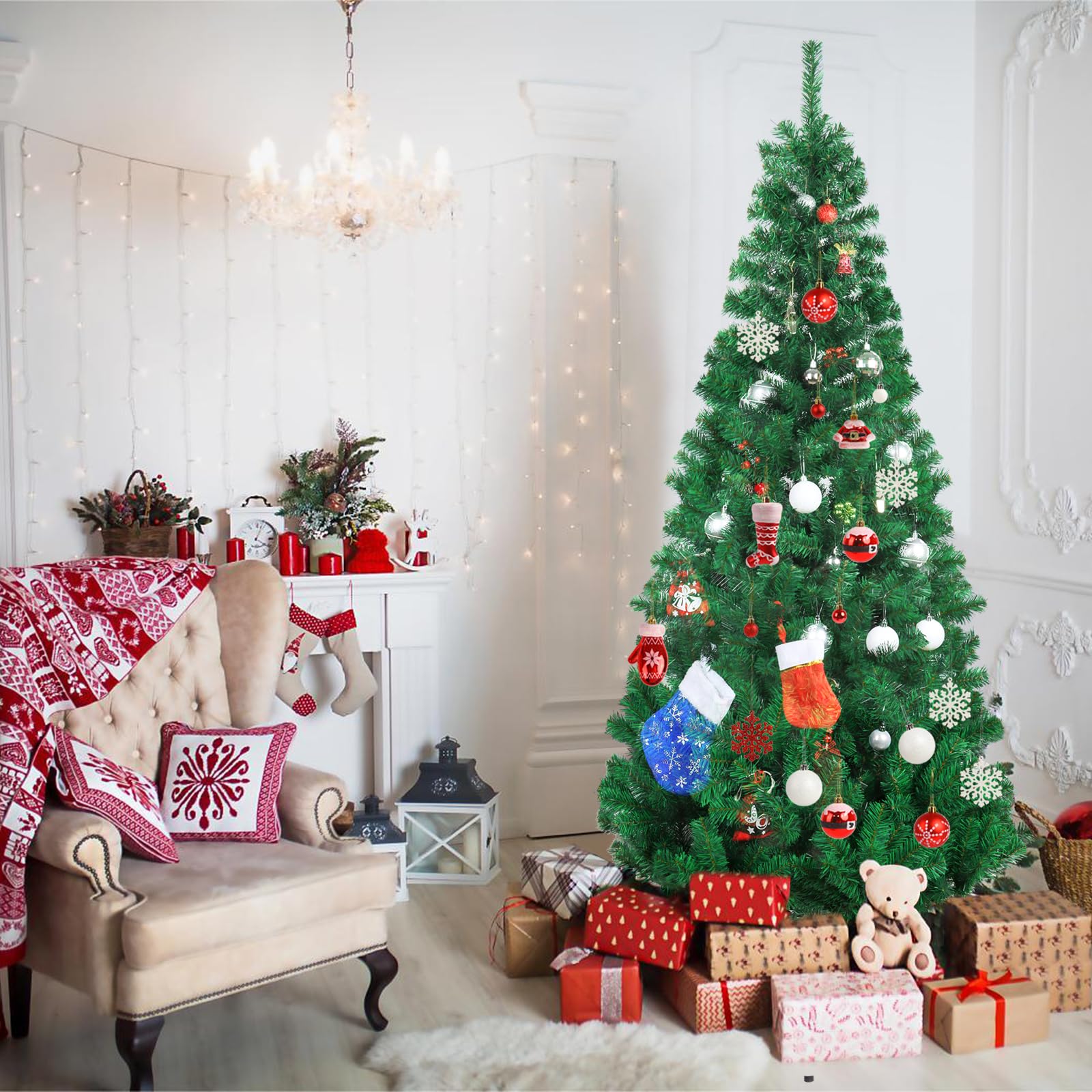 CCINEE 6ft Pine Artificial Christmas Green Half Tree Easy-Assembly with Solid Metal Stand for Wall Xmas Themed Party Decoration Indoor Outdoor Living Room Decor - Medaid International