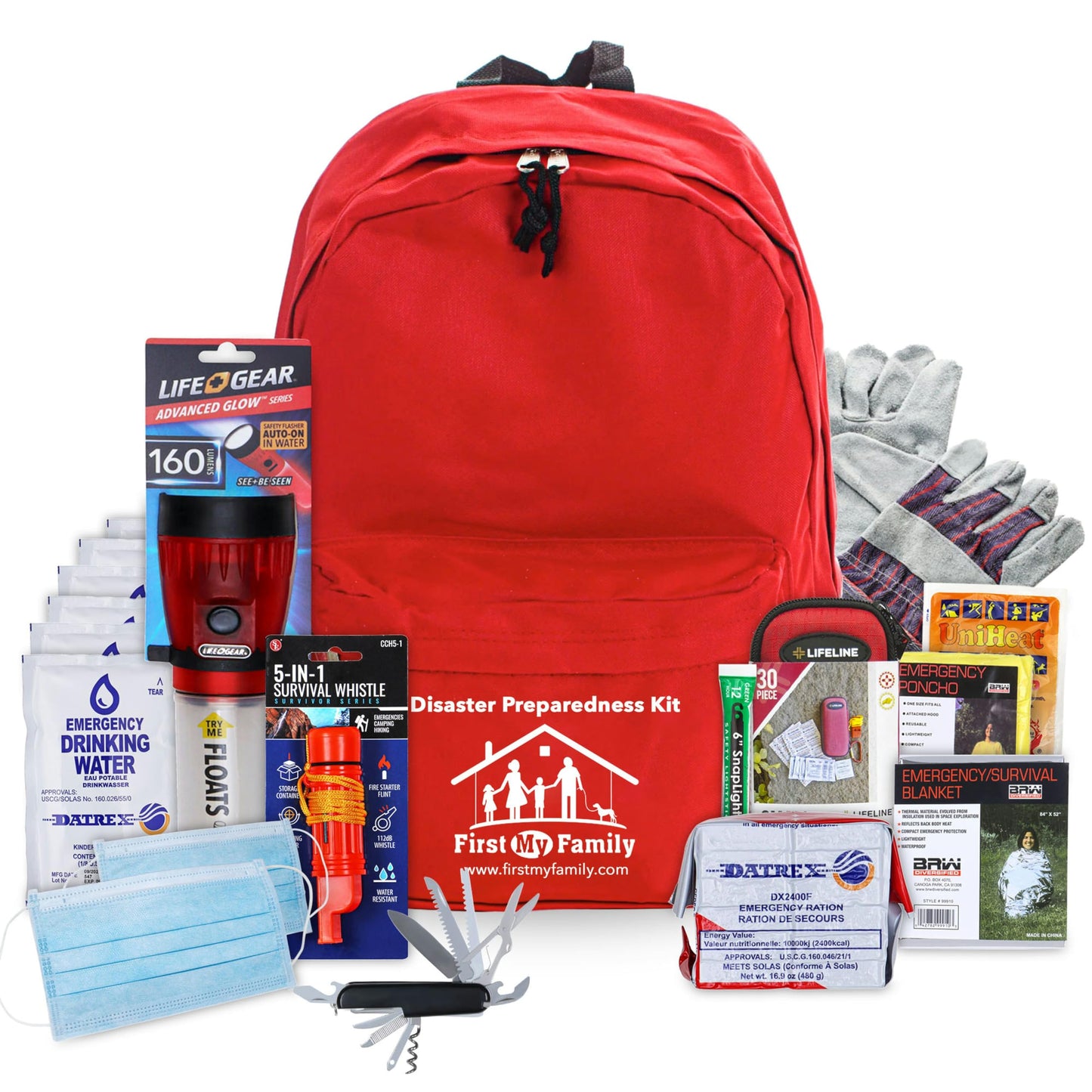 First My Family All-in-One 1 Person, 72 Hour Bug Out Bag Emergency Survival Kit for Family. Be Prepared for Hurricanes, Floods, Tsunami, Other Disasters