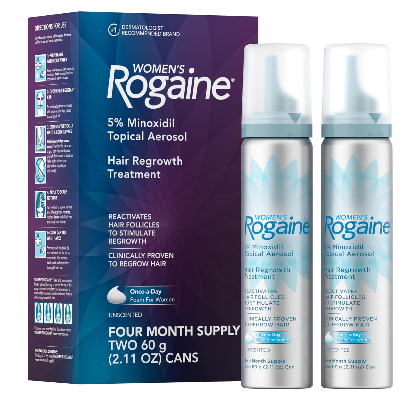 Rogaine for Women 5% Minoxidil Foam, Growth Treatment for Thinning & Hair Loss, Once-A-Day Unscented Topical Foam, Regrow Fuller Thicker Hair, Dermatologist Recommended, 4-Month Supply, 2 x 2.11 oz - Medaid International