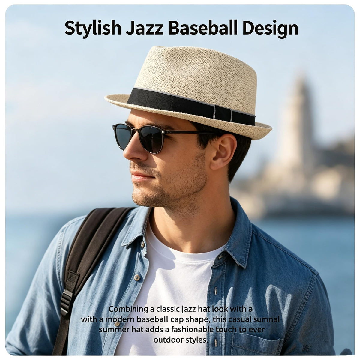 TERRIFI Sun Straw Fedora Hat, Breathable Wide Brim Roll Up Curly Straw Hat Casual Jazz Cap, Lightweight Comfort, Summer Outdoor Travel Beach Hat for Seasonal Wear Everyday Men Women