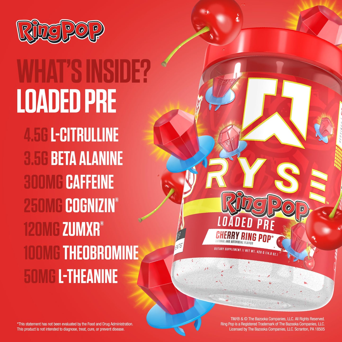 RYSE Loaded Pre Workout Powder - Ring Pop Cherry - Daily Pre-Workout for Men & Women with 325mg Caffeine, Beta Alanine, and Citrulline for Pump, Focus, and Energy - 30 Servings - Medaid International