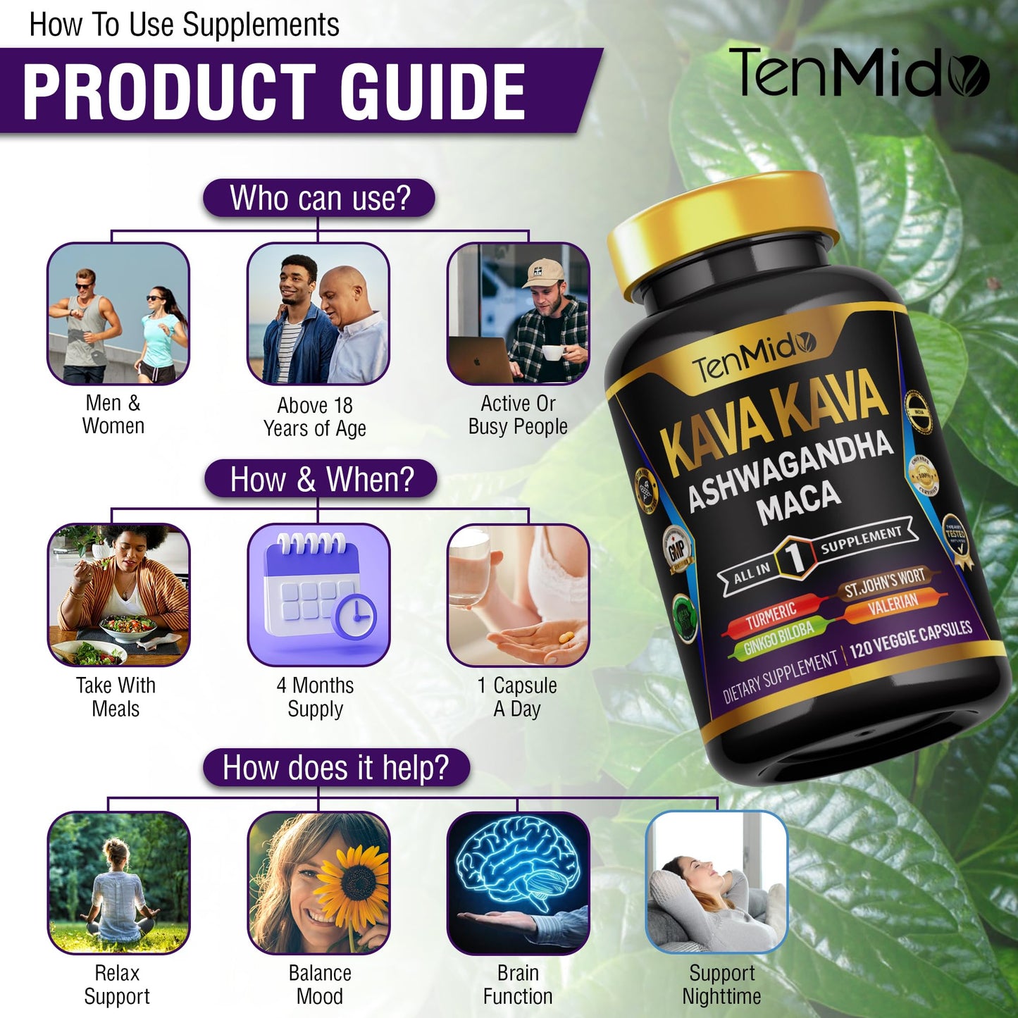Tenmido Kava Kava Root Supplement - 8in1 Formula - Combine with Ashwagandha, Maca, Turmeric, Ginkgo Biloba, St. John's Wort, Valerian & Black Pepper - 120 Vegan Capsules, 4 Months Supply - Medaid International