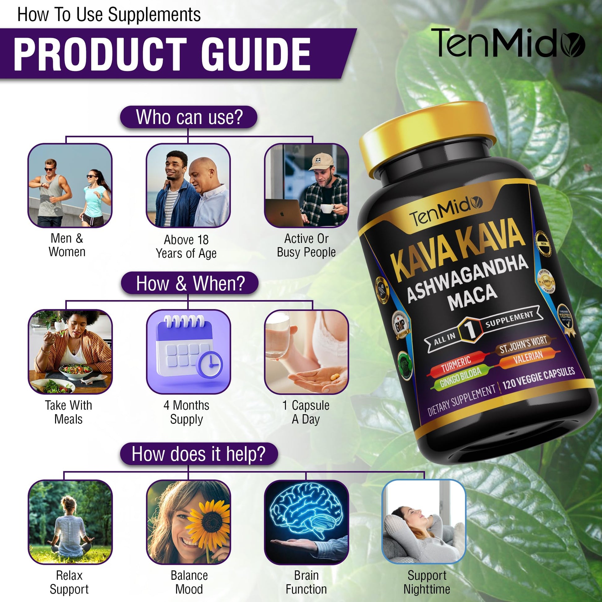 Tenmido Kava Kava Root Supplement - 8in1 Formula - Combine with Ashwagandha, Maca, Turmeric, Ginkgo Biloba, St. John's Wort, Valerian & Black Pepper - 120 Vegan Capsules, 4 Months Supply - Medaid International
