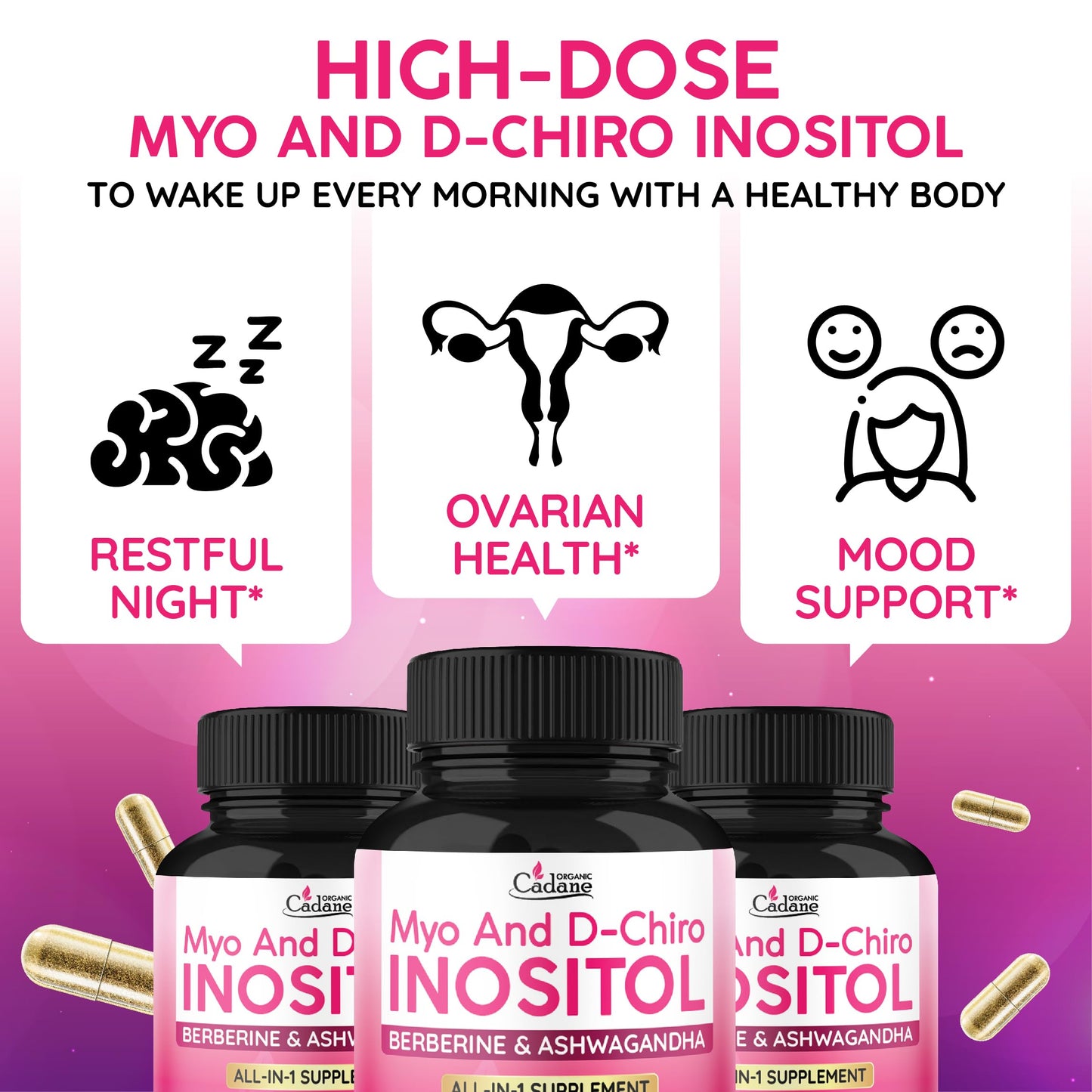 Organic Cadane Myo & D-Chiro Inositol Supplement | Formula with Ashwagandha, Maca, Chasteberry, Berberine & Black Pepper | Supports Women's Balance & Wellness | Vegan, Non-GMO - 90 Capsules - Medaid International