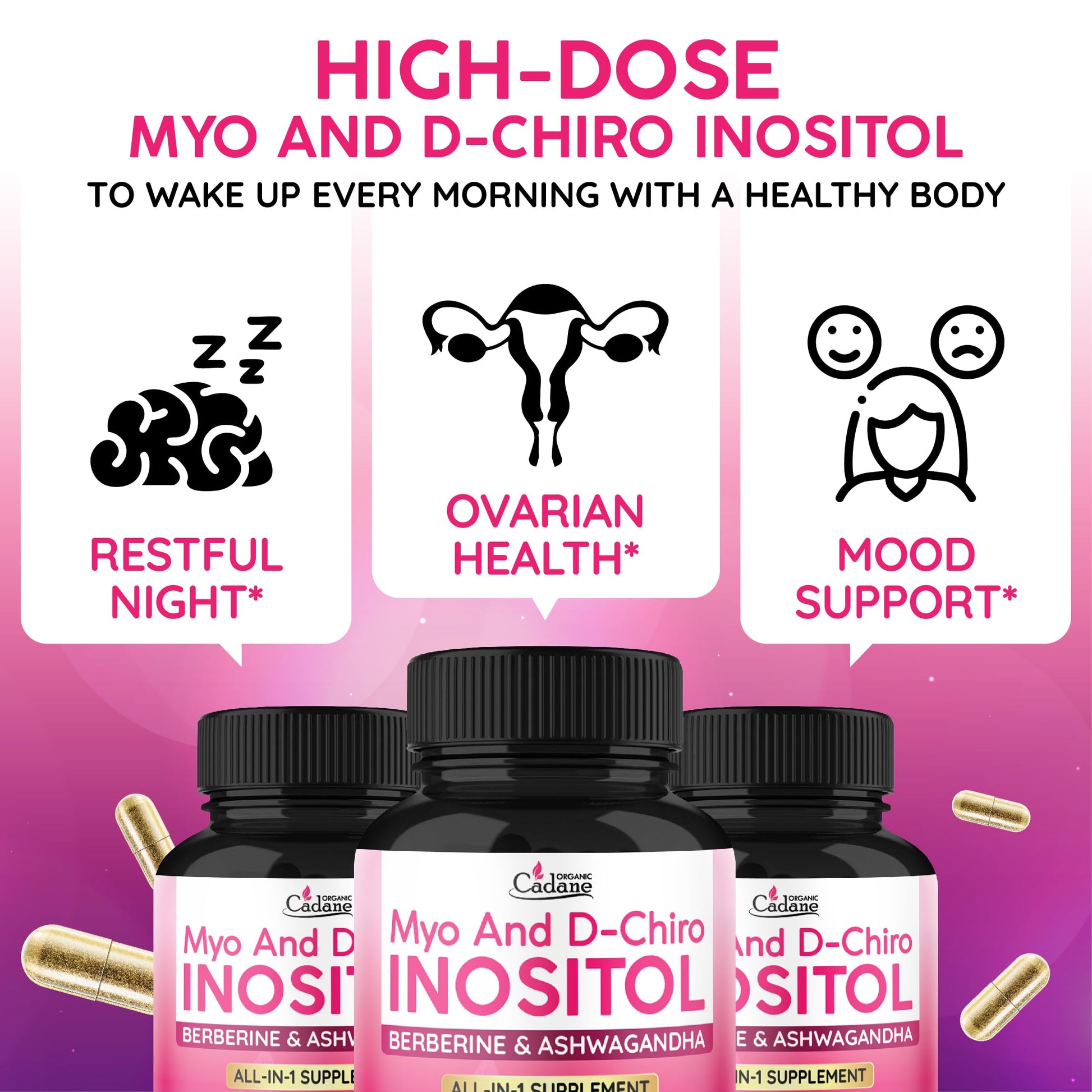 Organic Cadane Myo & D-Chiro Inositol Supplement | Formula with Ashwagandha, Maca, Chasteberry, Berberine & Black Pepper | Supports Women's Balance & Wellness | Vegan, Non-GMO - 90 Capsules - Medaid International