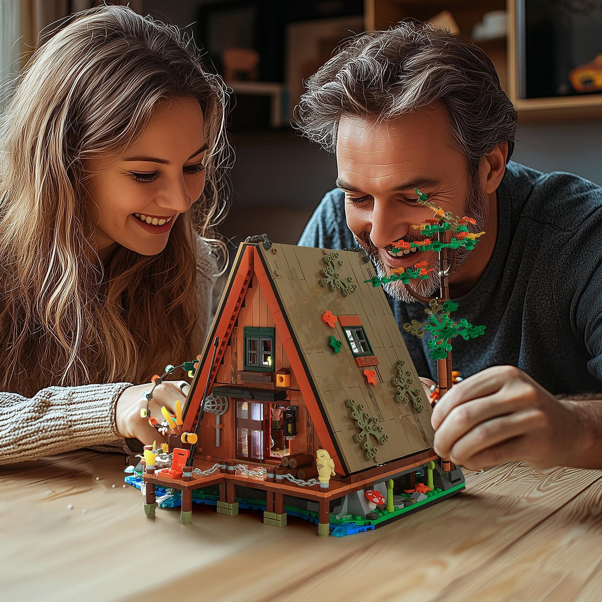KASTWAVE Wood Cabin Mini Building Block, 1486 Pcs Creative Forest Cabin Building Bricks Set with Light Effect, STEM Architecture Toys Kit, Gift for Kids Boys and Girls Ages 8