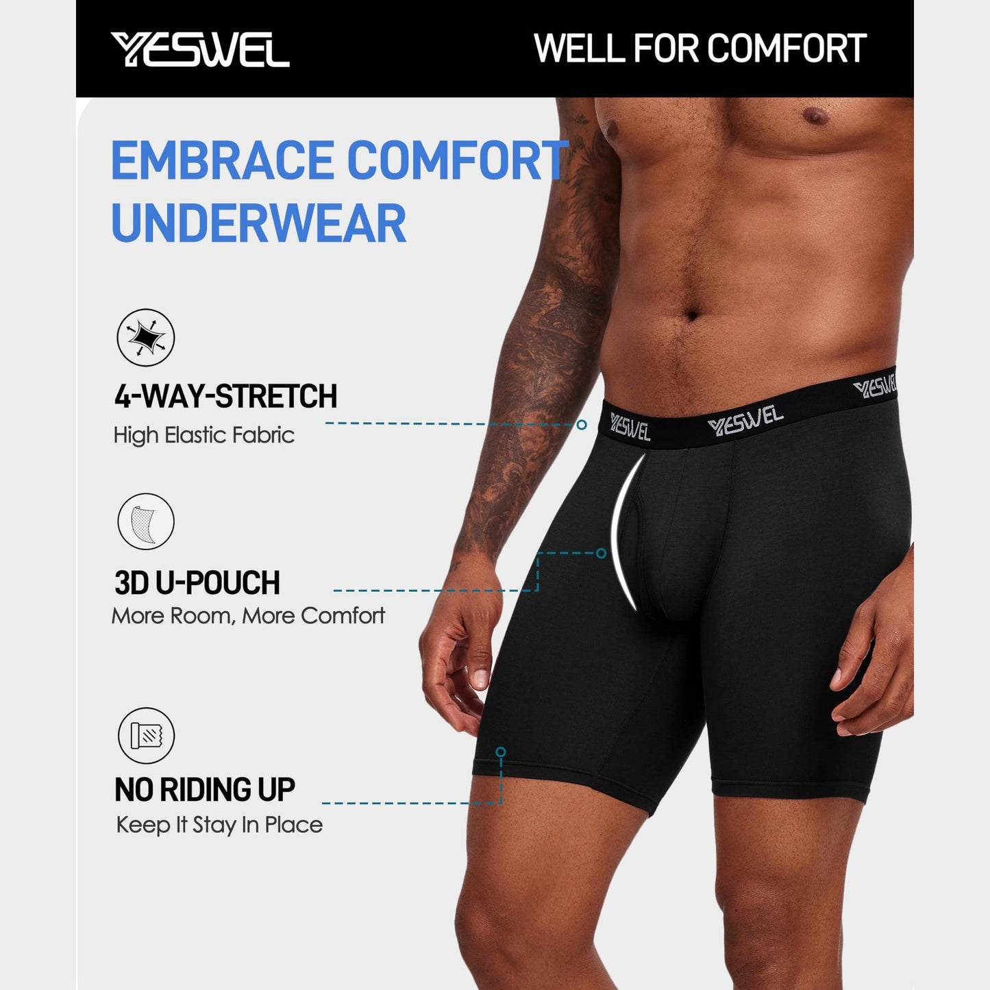 YESWEL Men's Underwear Boxer Briefs, Cool Viscose Made from Bamboo, Moisture Wicking Breathable Soft Comfortable Pouch, 4 Pack (XX-Large, Black) - Medaid International