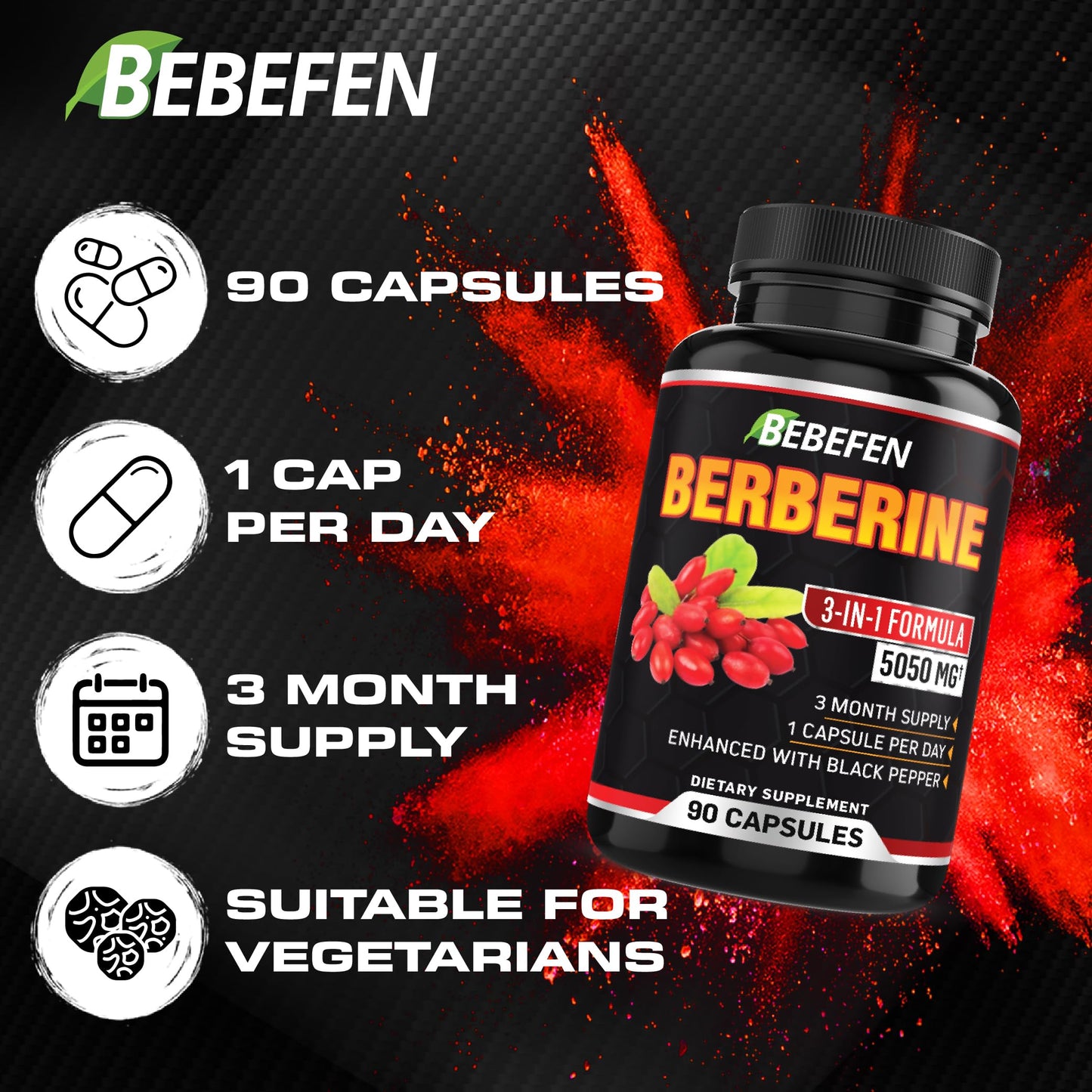 BEBEFEN Berberine Capsules with Black Pepper Extract - 90 Capsules - 3 Month Supply - Medaid International