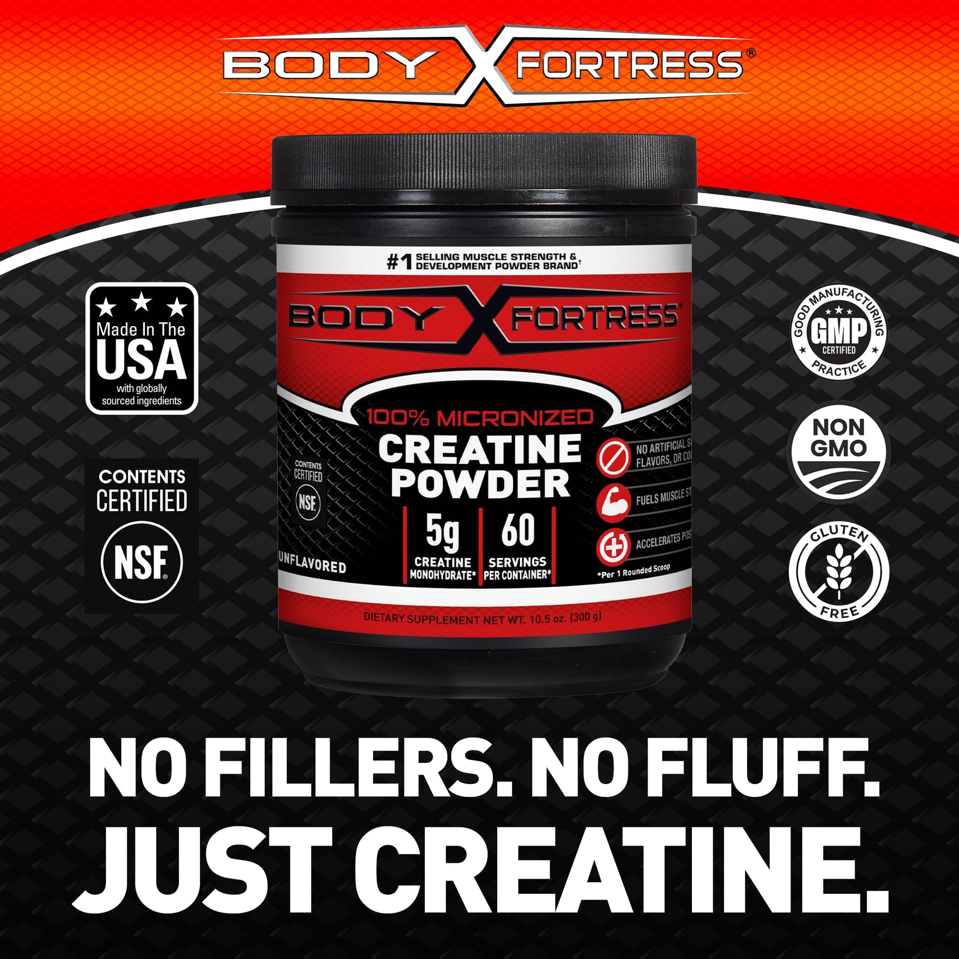 Body Fortress 100% Creatine Monohydrate Powder - Unflavored Micronized Creatine Supplement for Muscle Growth, Strength & Recovery, Pre Workout & Post Workout for Women and Men - 5g Per Scoop - Medaid International