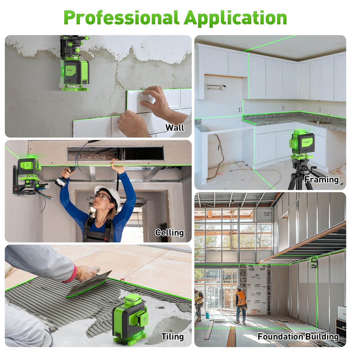 Huepar Laser Level 4x360 Self Leveling with 60" Tall Tripod, 4D Green Cross Line Lazer Leveler Tool with Outdoor Pulse Mode, 16 Lines Great for Tiling, Ceiling, Wall Work & DIY Home Renovation - Medaid International