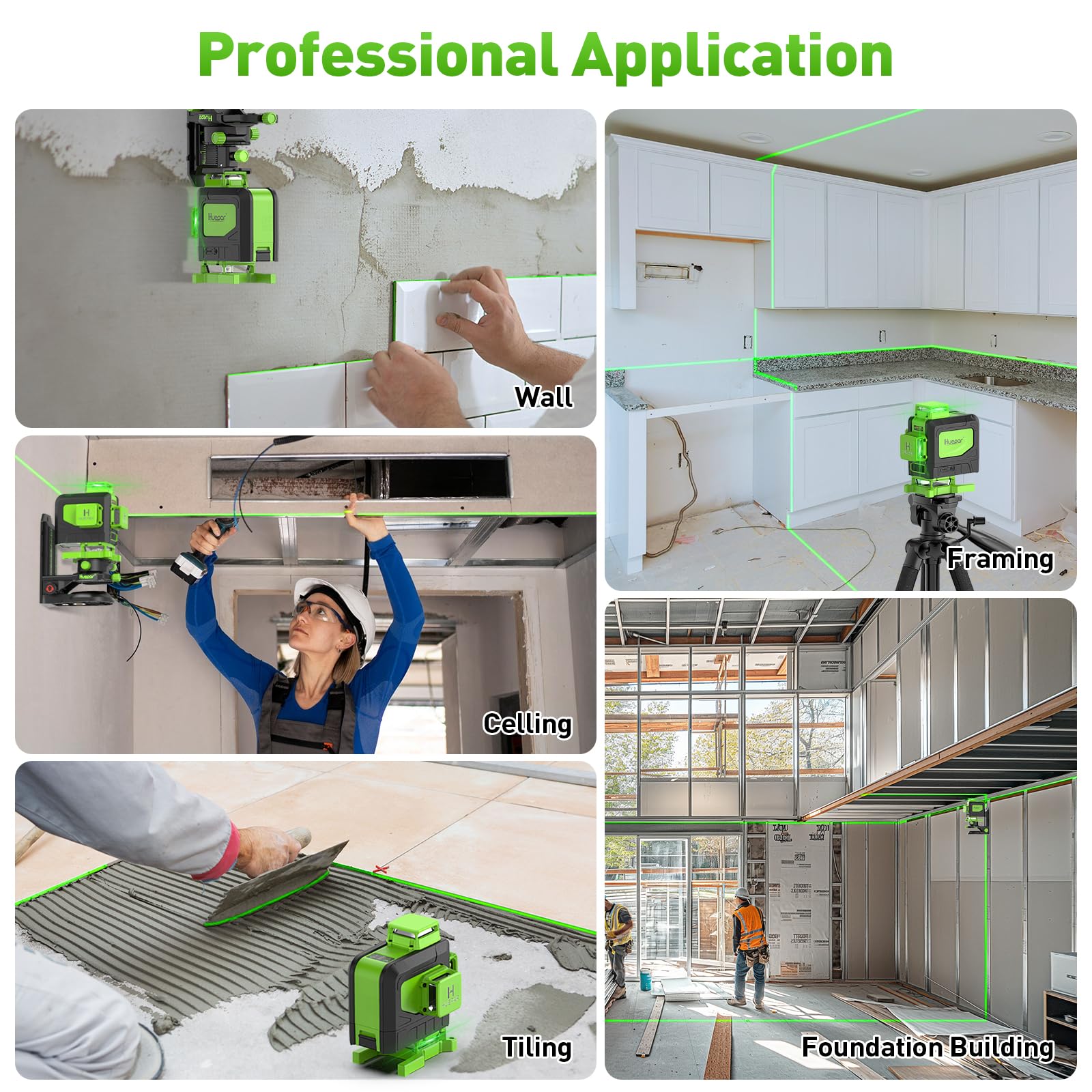 Huepar Laser Level 4x360 Self Leveling with 60" Tall Tripod, 4D Green Cross Line Lazer Leveler Tool with Outdoor Pulse Mode, 16 Lines Great for Tiling, Ceiling, Wall Work & DIY Home Renovation - Medaid International