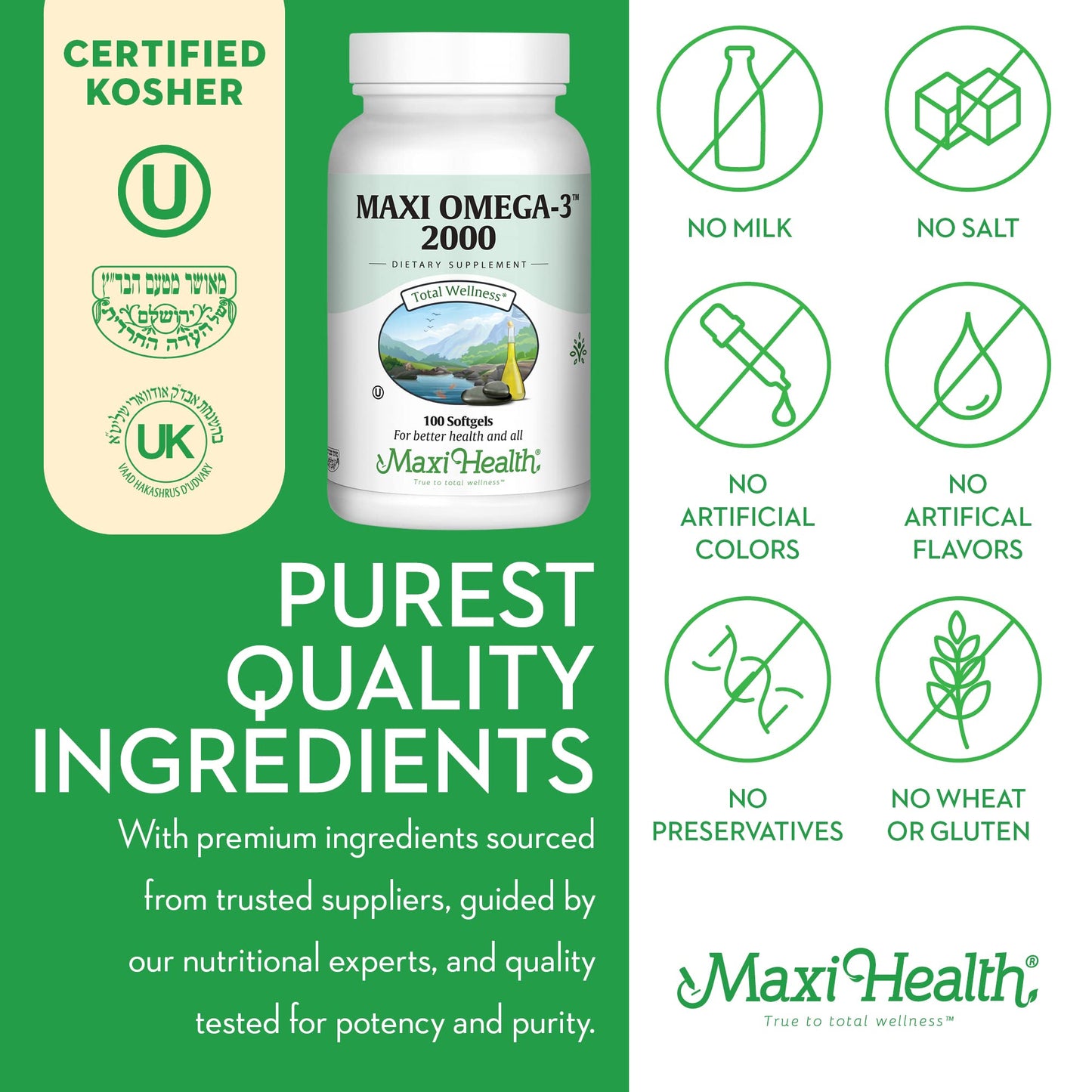 Maxi Health Omega 3 Fish Oil 2000mg – Fish Oil Omega 3 Supplements with No Fishy Aftertaste – Triple Strength EPA DHA – Kosher Omega3 Supplement to Help Support Overall Wellness (100 Softgels) - Medaid International
