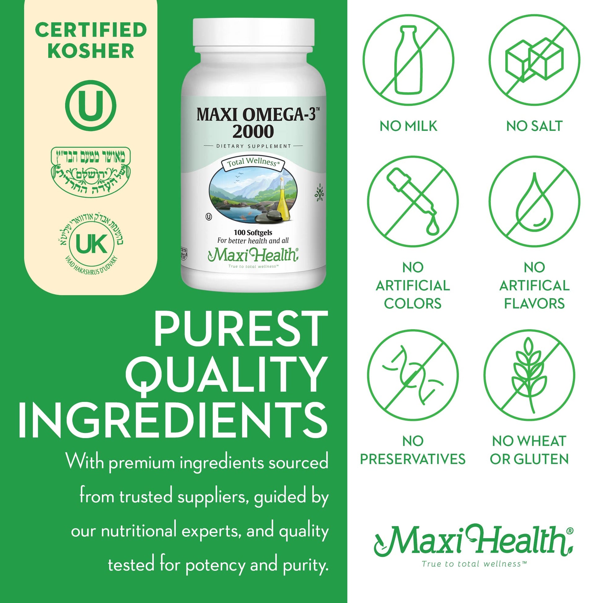 Maxi Health Omega 3 Fish Oil 2000mg – Fish Oil Omega 3 Supplements with No Fishy Aftertaste – Triple Strength EPA DHA – Kosher Omega3 Supplement to Help Support Overall Wellness (100 Softgels) - Medaid International