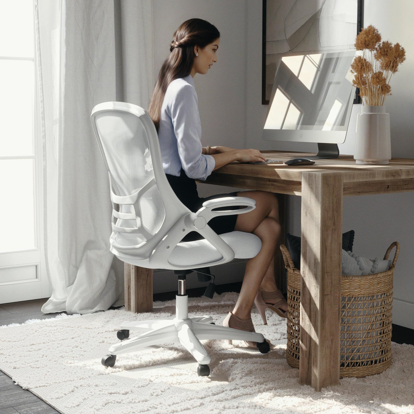 Flash Furniture Porter High-Back Swivel Office Chair with Adjustable Lumbar Support and Height, Ergonomic Mesh Desk Chair with Flip-Up Armrests, White - Medaid International