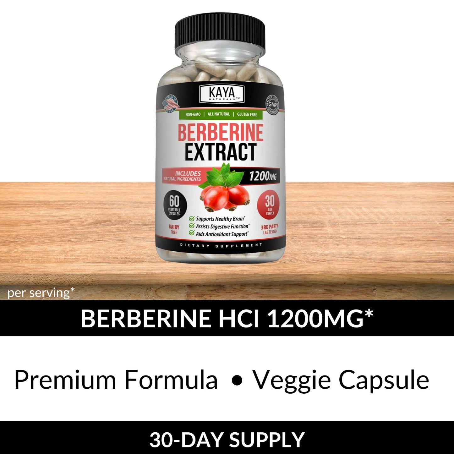 Kaya Naturals Berberine HCL Extract 1200mg - Immune System - Gluco Levels - Gut Health (Vegetarian, Non-GMO & Gluten-Free) Berberine Supplement (60 Count (Pack of 1) - Medaid International