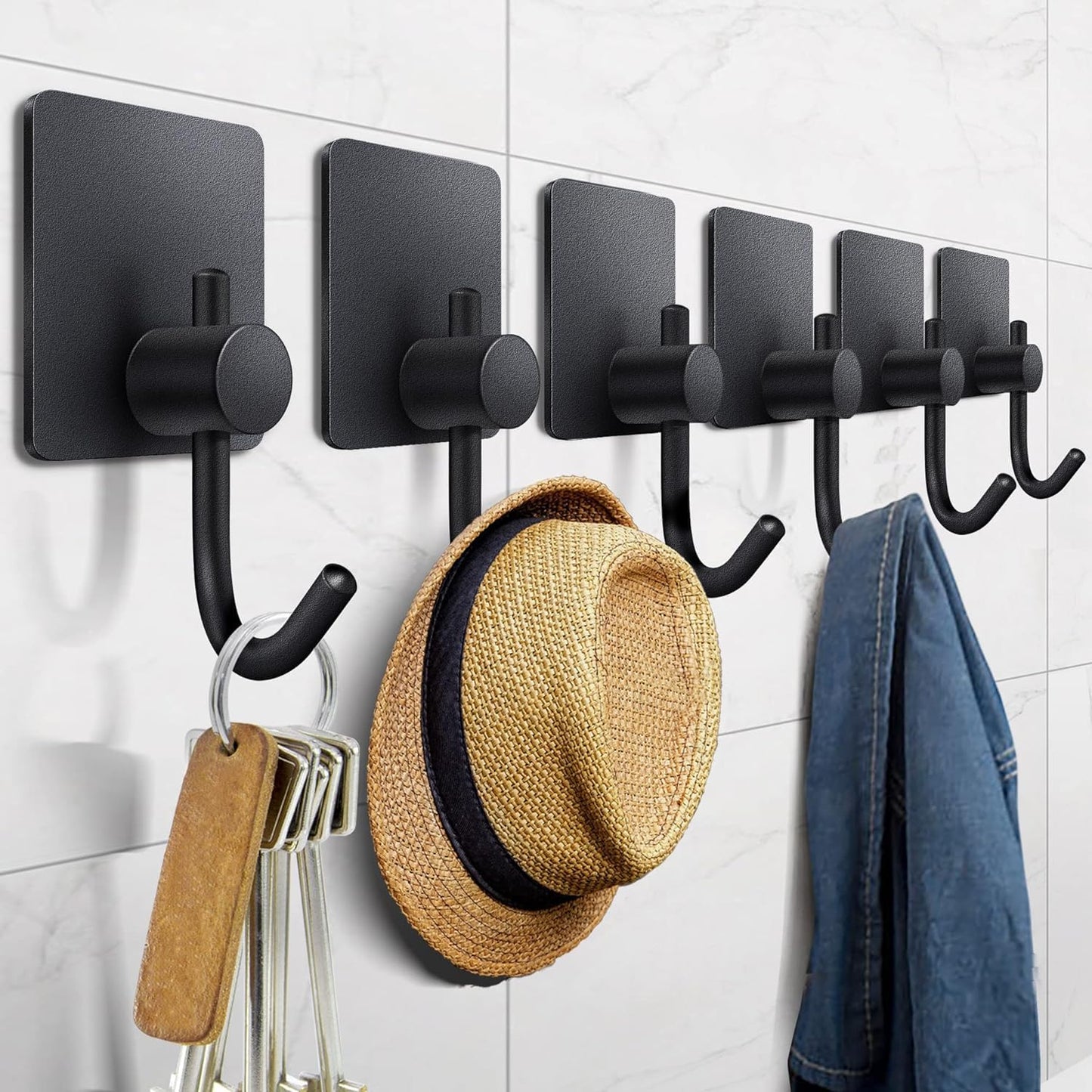 Yoawllty 6 Pcs Adhesive Wall Hooks, Heavy Duty Sticky Holder Waterproof Towel Hooks for Hanging Coat, Hat, Key, Clothes, Closet Hook Wall Mount for Kitchen, Bathroom, Office（Black) - Medaid International