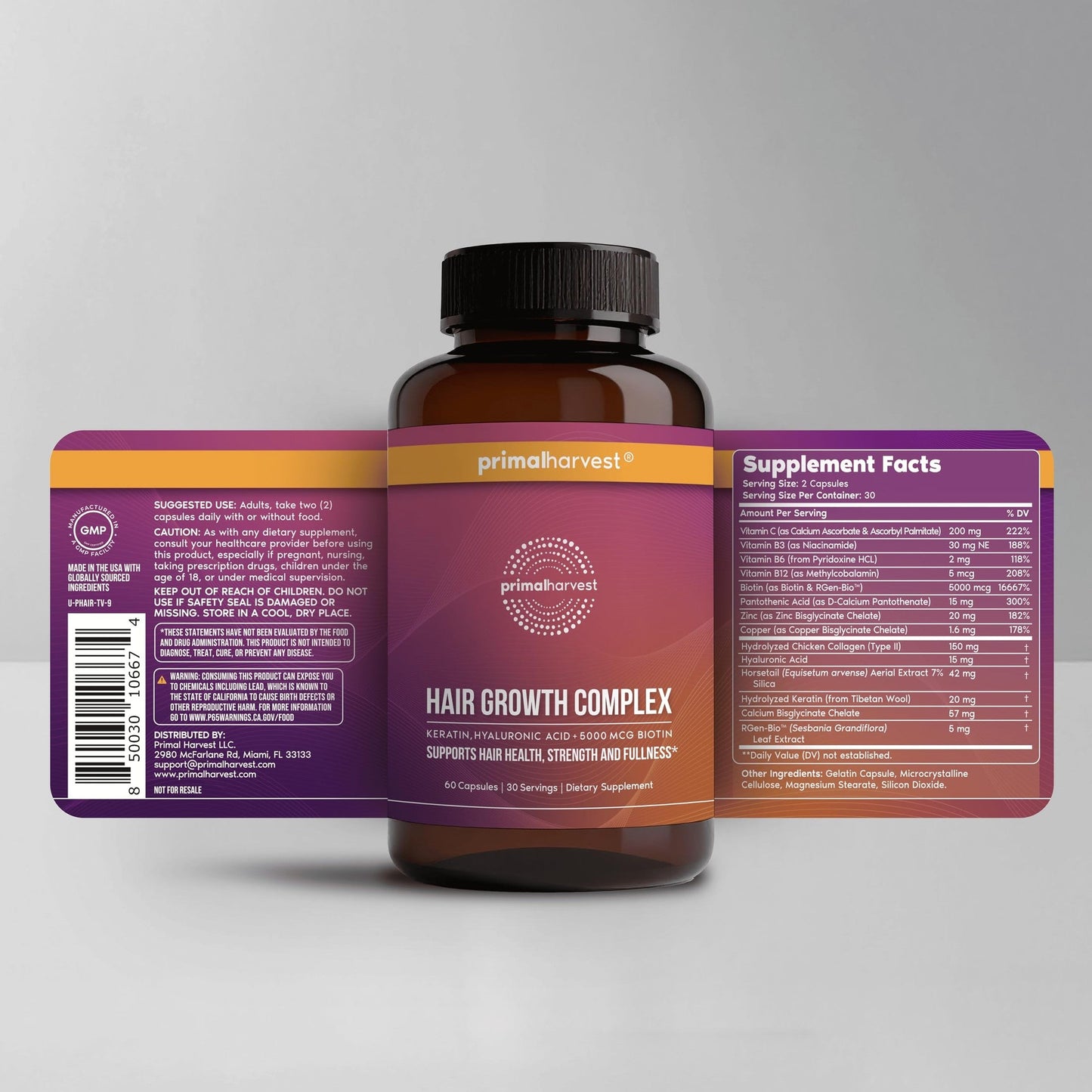 Primal Harvest Hair Growth Vitamins, 2 Pack - 120 Pills, Natural Hair Regrowth, Thickening, and Supplement for Men & Women with Biotin & Zinc - Medaid International