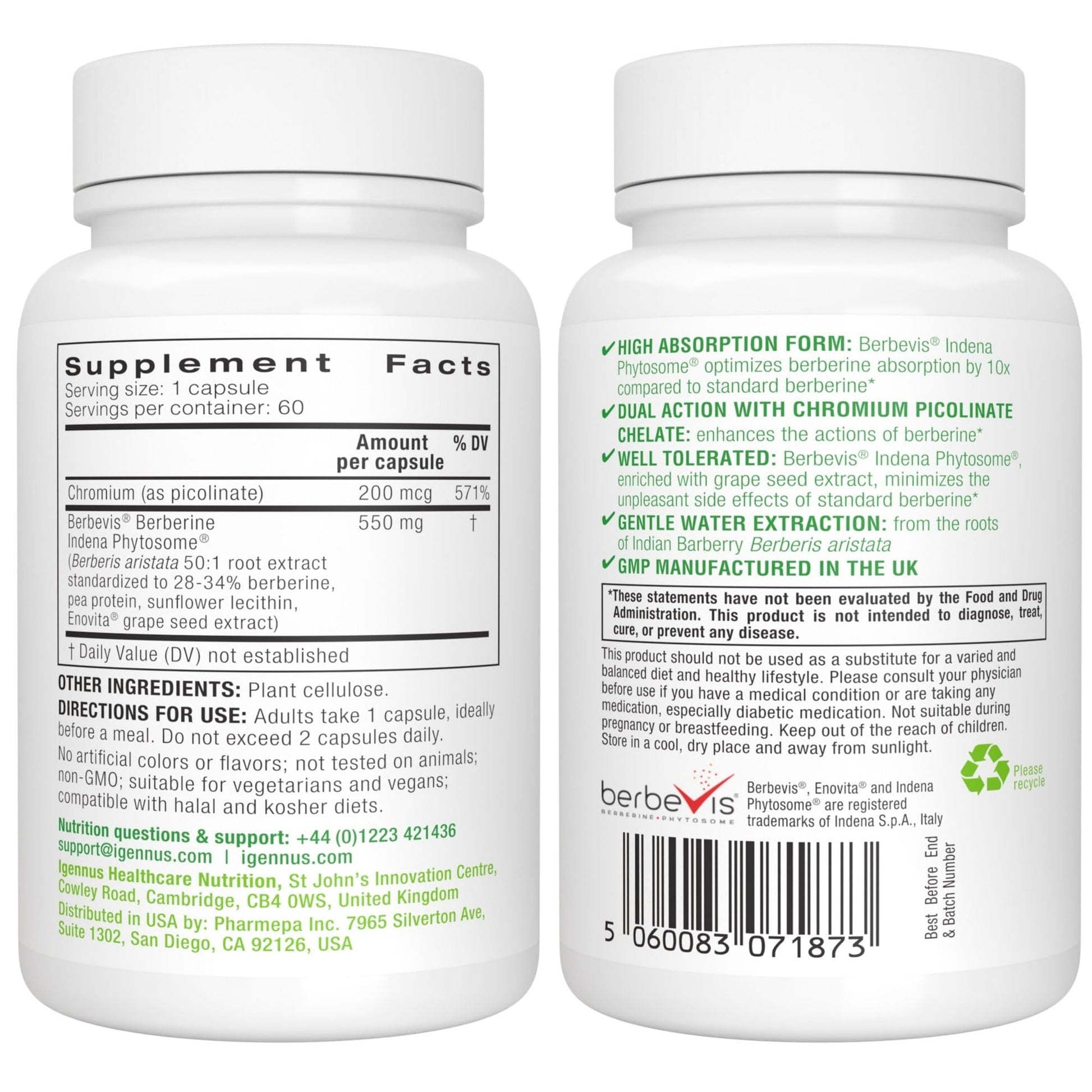 Igennus Dual Action Berberine Phytosome 550mg & Chromium Picolinate, 10x Absorption, Blood Glucose Control, Standardized Berberis Extract Supplement, Clean Label, Vegan, 60 Capsules - Medaid International