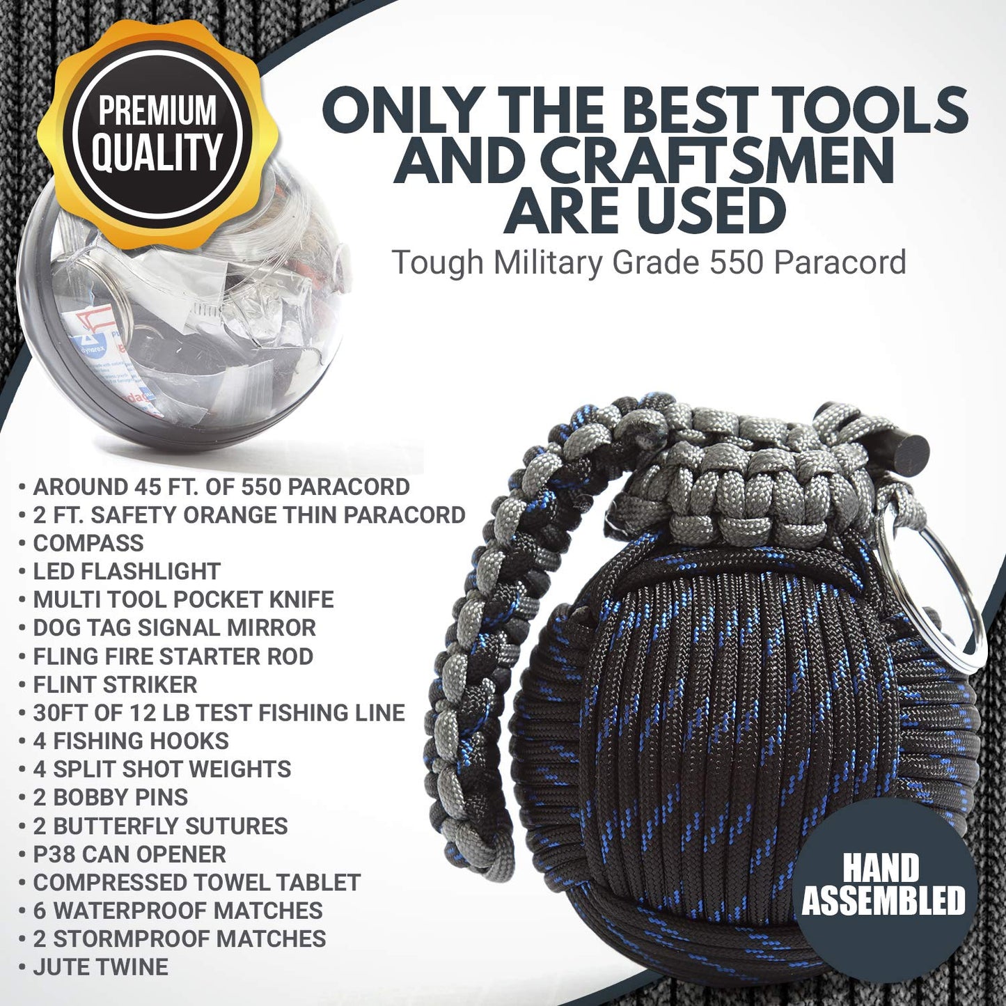 Paracord Emergency Carabiner Grenade with 48 Survival Tools (Blue+Black) - Grenade-Tied 550 Parachute Cord for Outdoor Preparedness - Holtzman's Gorilla Survival
