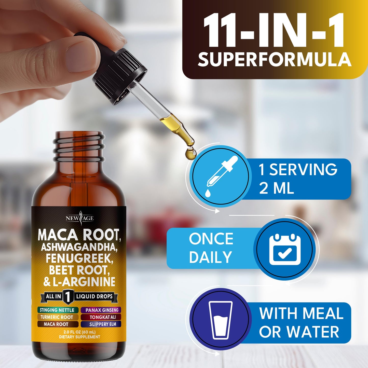 Organic Maca Root Liquid Drops with Ashwagandha, Nettle, Fenugreek, Beet Root and L-Arginine Liquid Multivitamin for Women and Men - 4oz - Medaid International
