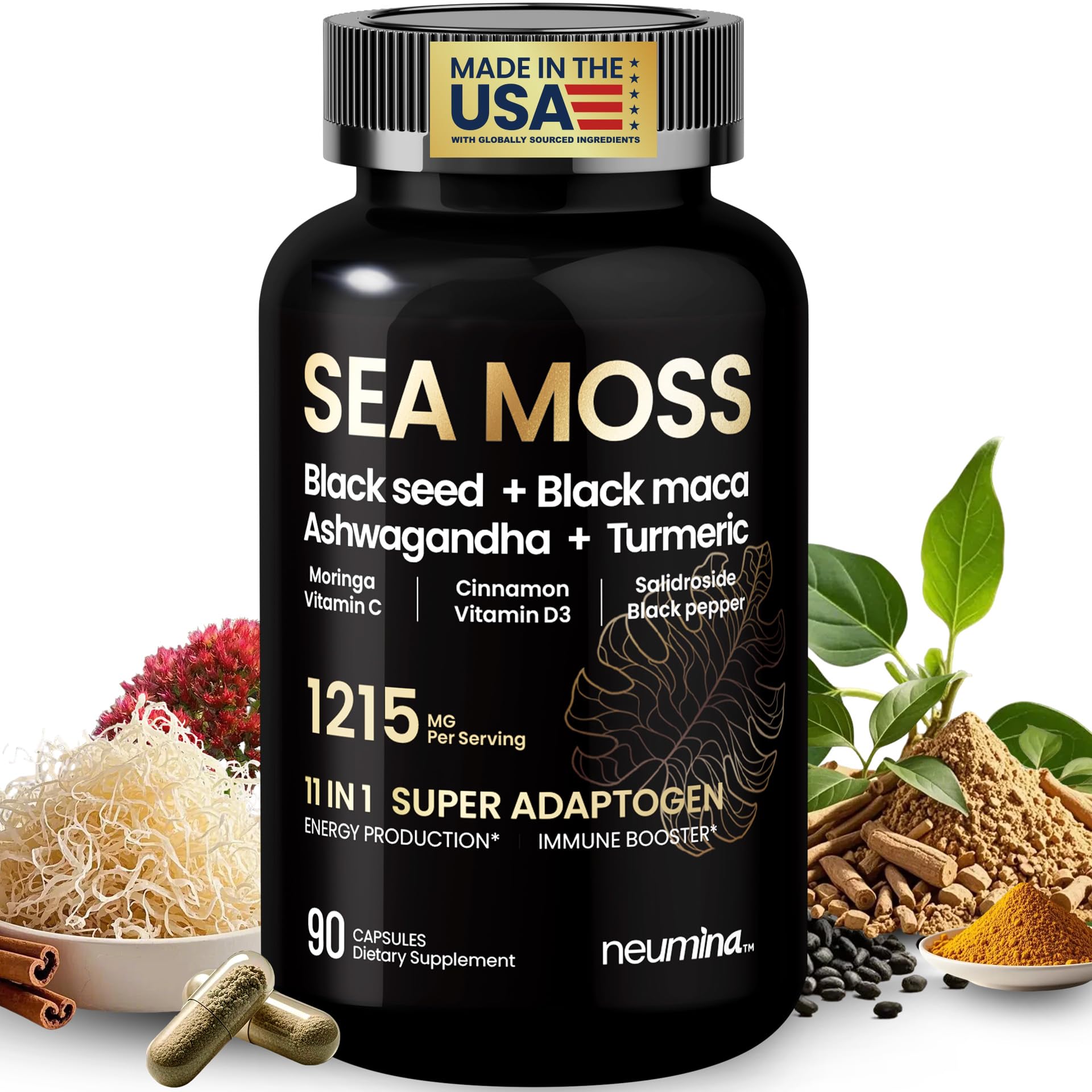 NEUMINA 1215mg Sea Moss Super Adaptogen Capsules, 90 Count - High-Potency, Pure, Made in The USA, Vegan Powerhouse with Black Seed, Black maca, Ashwagandha & Turmeric – Energy, Stress & Immune Boost - Medaid International