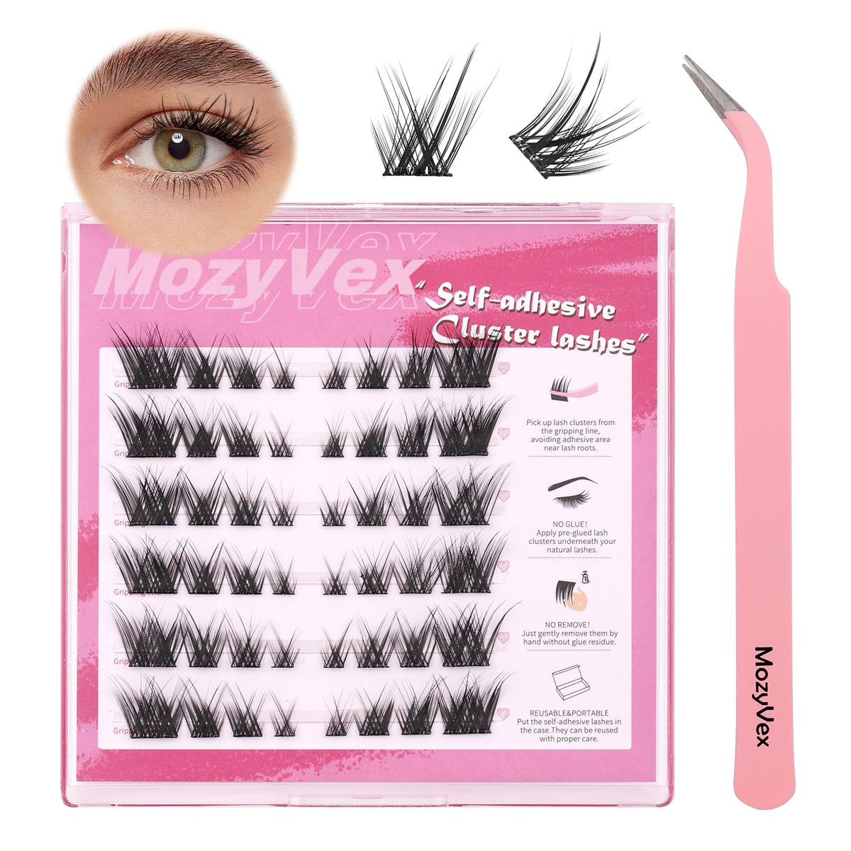 36pcs Self Adhesive Lash Clusters Reusable DIY Eyelash Extensions - D Curl 10-16mm Pre-Glued Lash Clusters No Glue Needed, Includes Tweezers for 1-STEP Easy Application