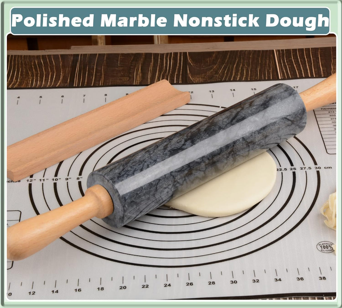 Marble Rolling Pin with Wooden Cradle Thick Handle Set