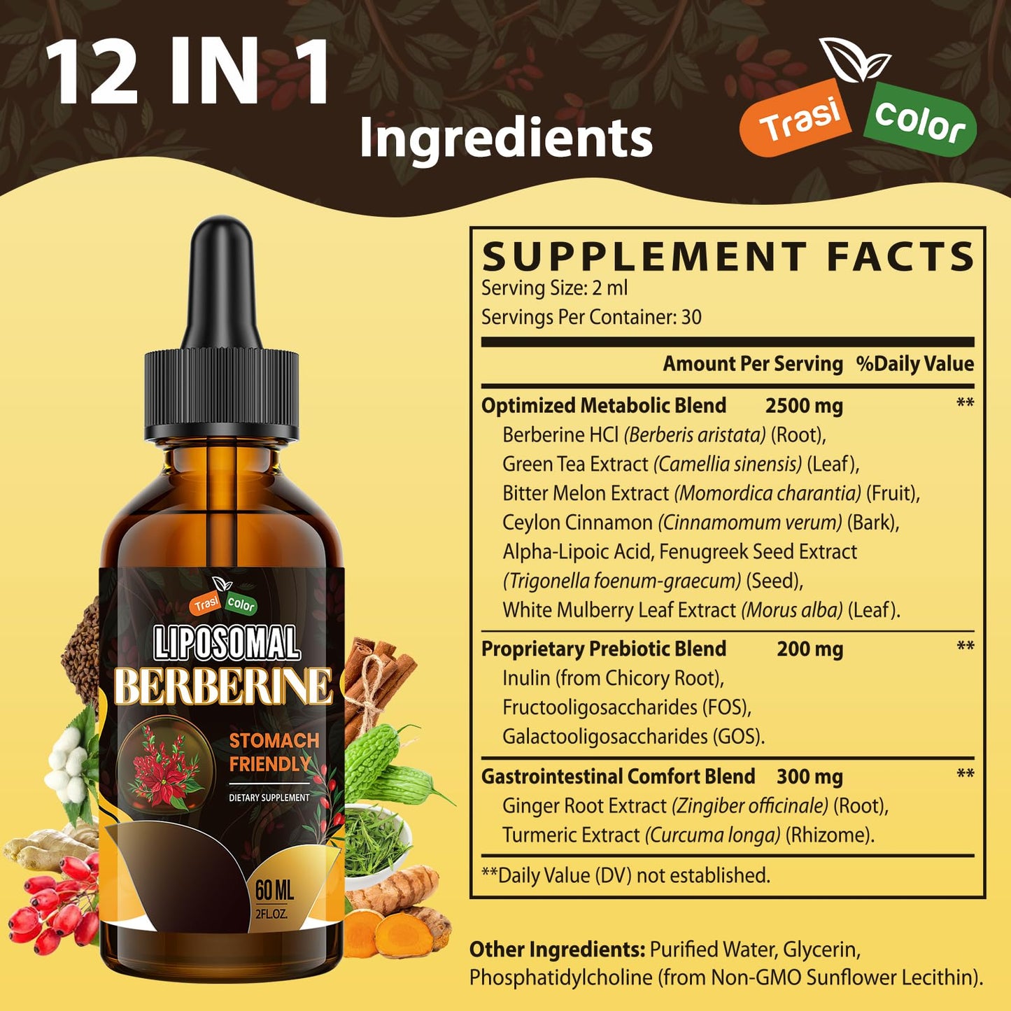 Berberine Supplement Liquid Drops - High Bioavailability Liposomal Berberine Supplements, Berberine HCL Complex with Ceylon Cinnamon Plus Turmeric, AMPK Activator, Suitable for Women,Men-60ml - Medaid International