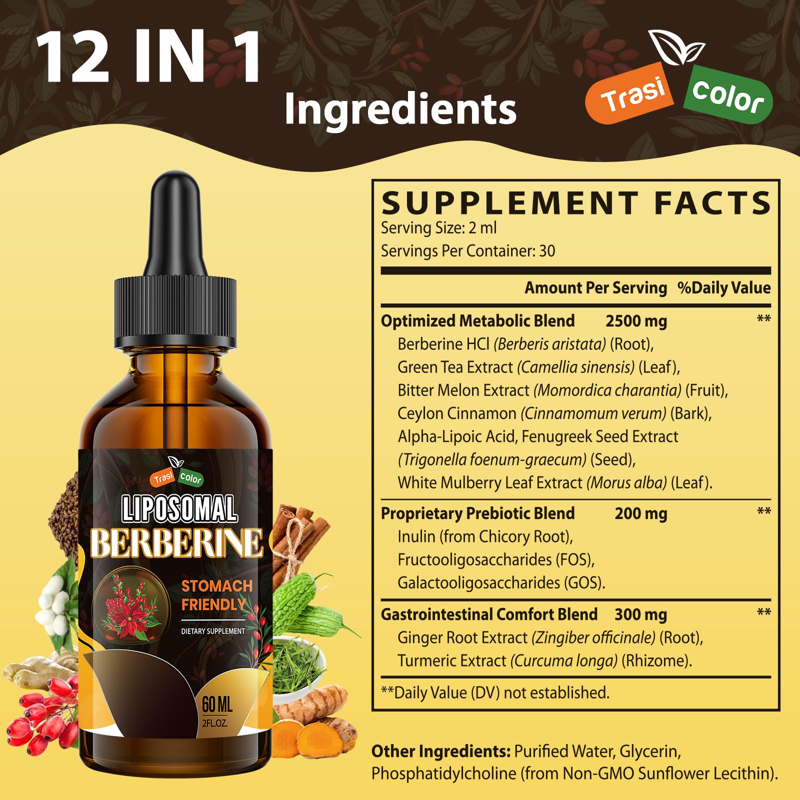 Berberine Supplement Liquid Drops - High Bioavailability Liposomal Berberine Supplements, Berberine HCL Complex with Ceylon Cinnamon Plus Turmeric, AMPK Activator, Suitable for Women,Men-60ml - Medaid International