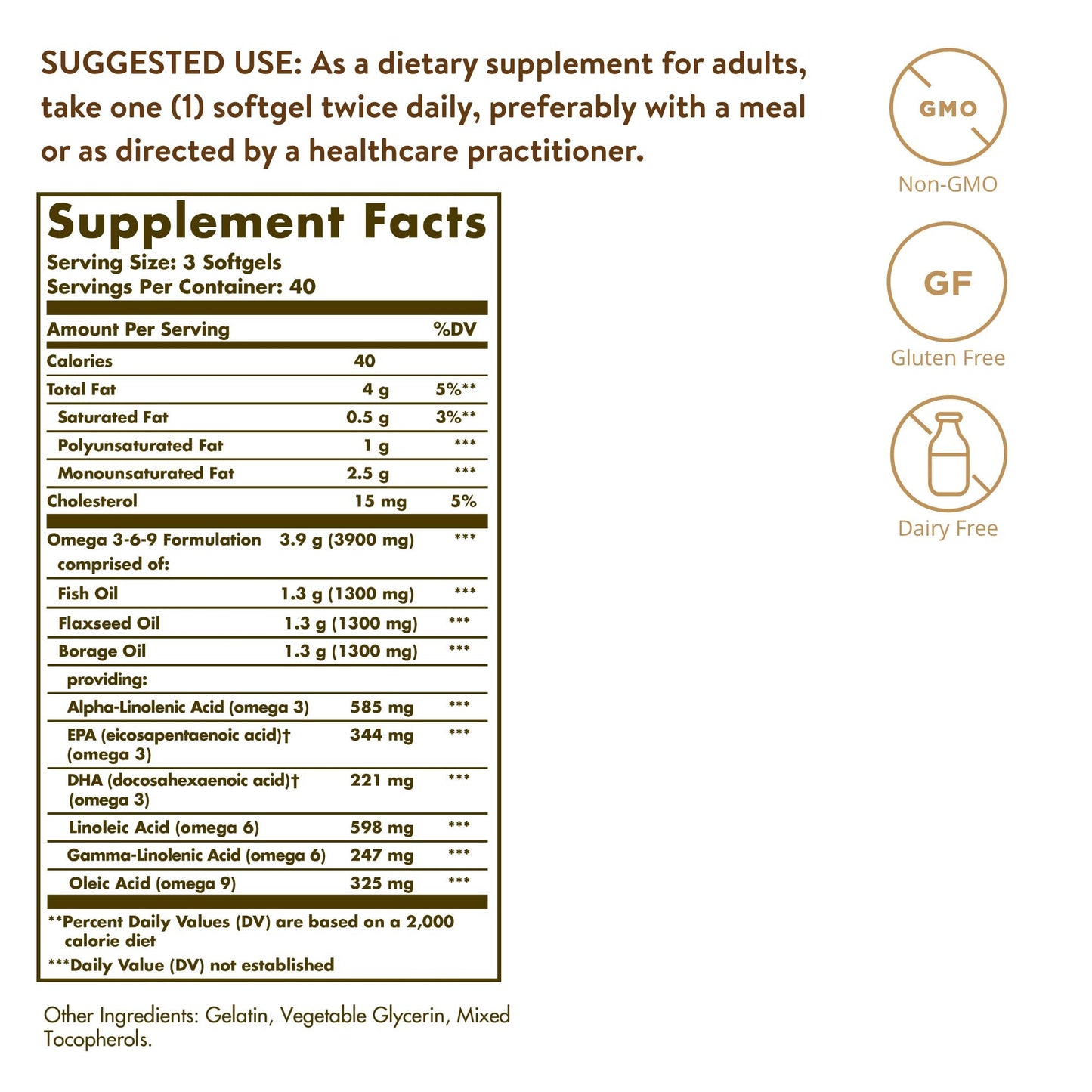 Solgar 1300 mg Omega 3-6-9, 120 Softgels - Fish Oil Supplement - Support for Joint & Skin Health - Includes Flaxseed & Borage - Contains EPA & DHA Omega 3 Fatty Acids - 40 Servings - Medaid International