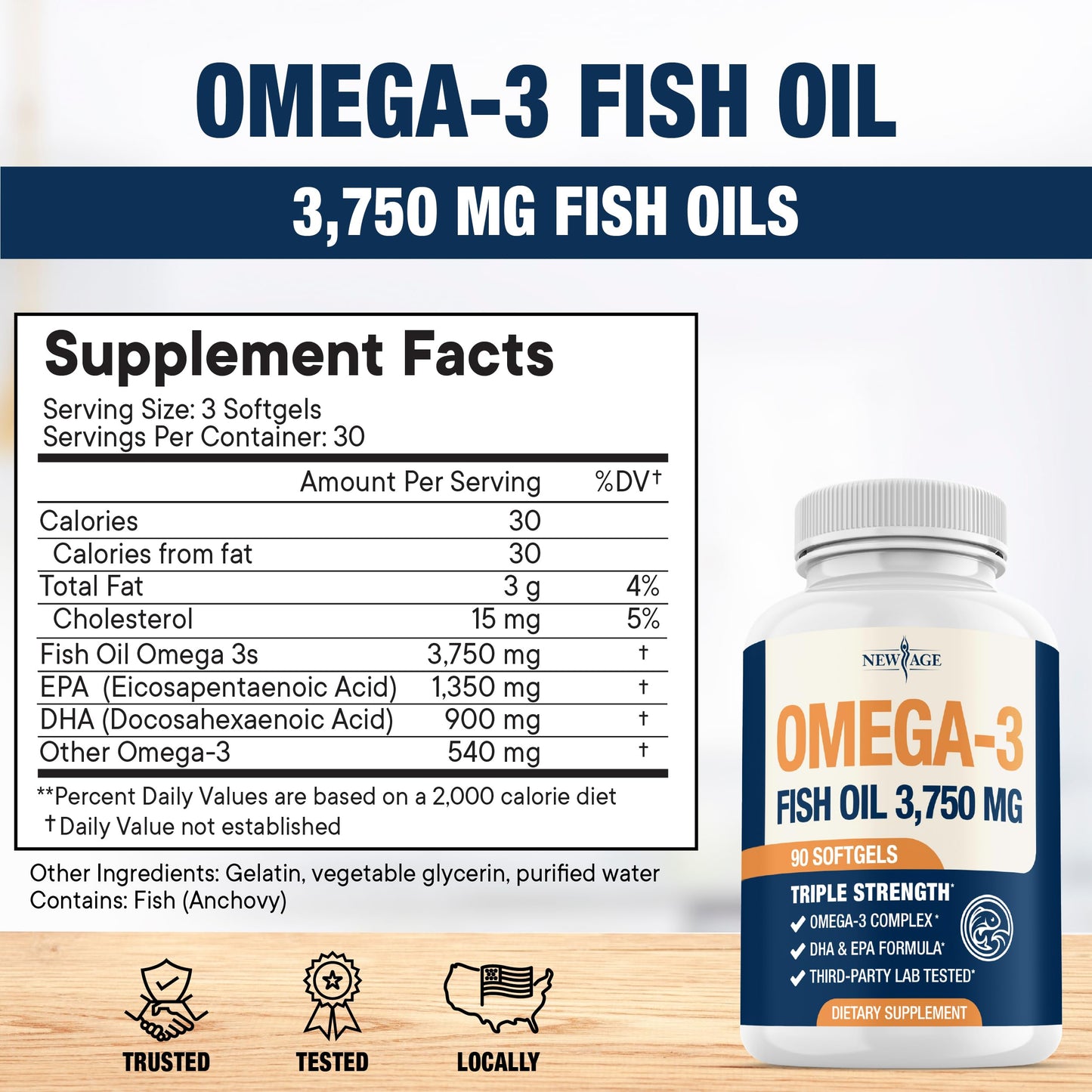 Triple Strength Omega 3 Fish Oil 3750 mg - EPA & DHA - Over 3000mg Omega-3 Fatty Acids - 1350mg EPA + 900mg DHA - Best Essential Fatty Acids, Burpless Fish Oil - 180 Count - Medaid International
