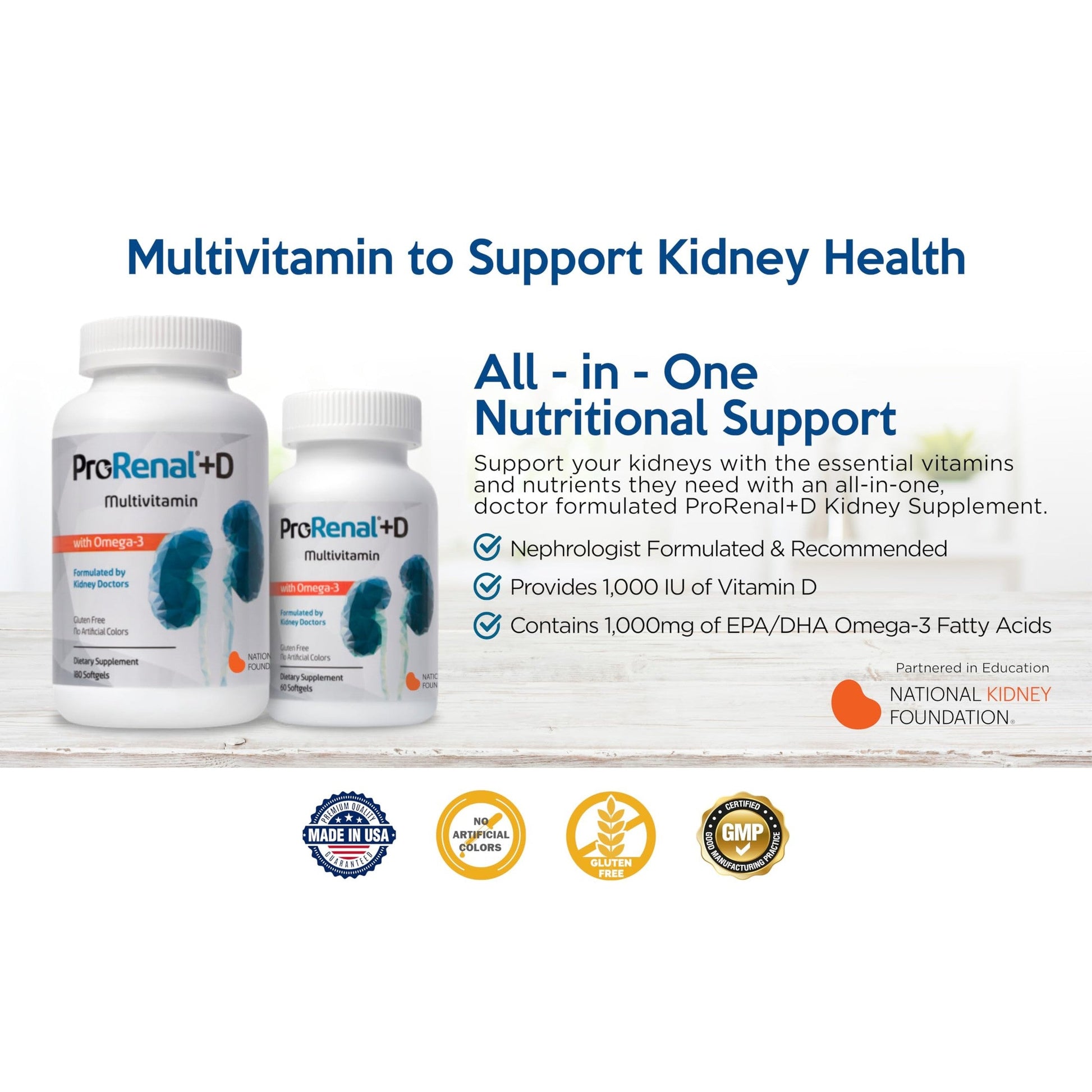 ProRenal+D with Omega-3 Fish Oil Kidney Multivitamin 90-Day Supply - Medaid International