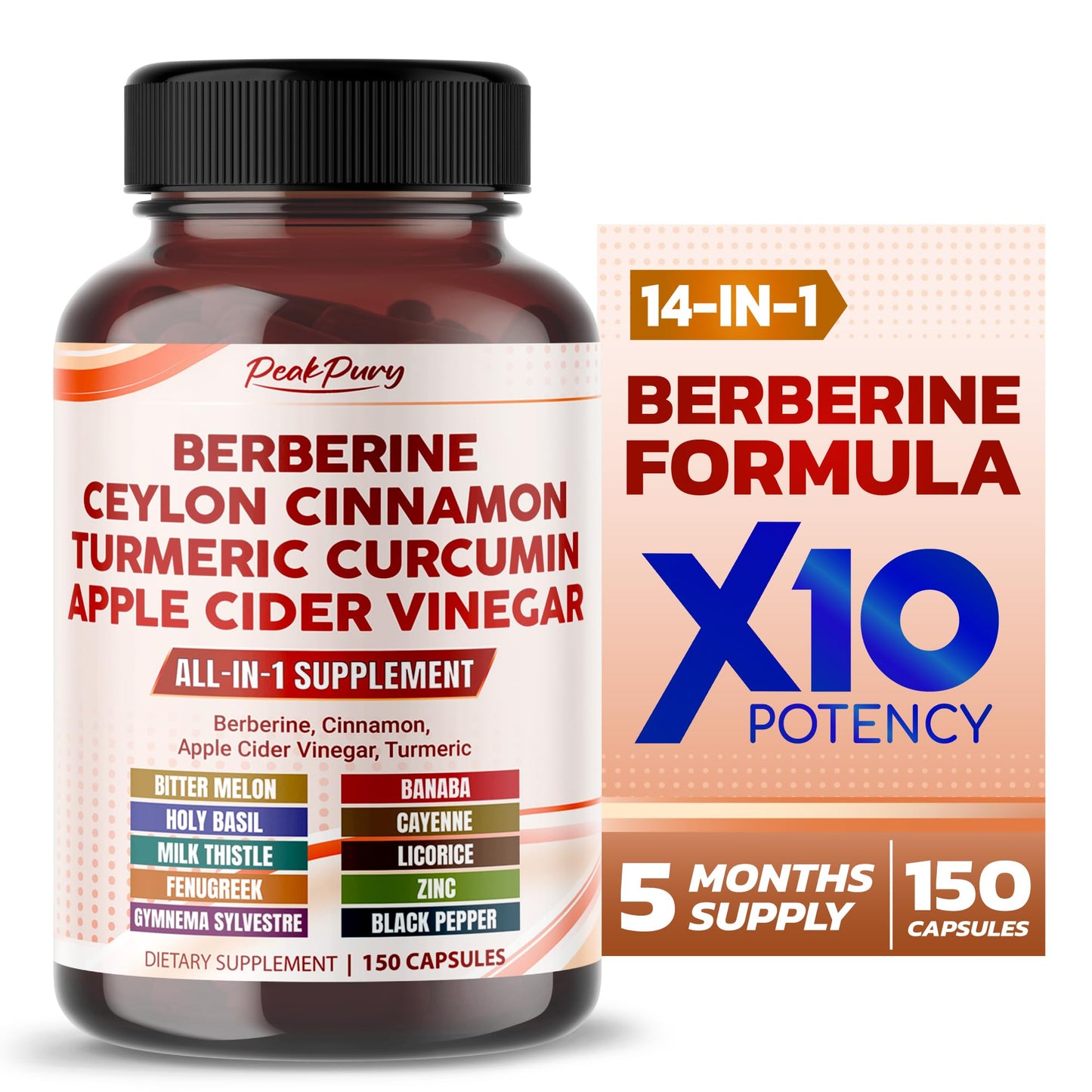 PEAKPURY Berberine Cinnamon Apple Cider Vinegar Turmeric - Overall Wellness Support- Made in USA - Medaid International