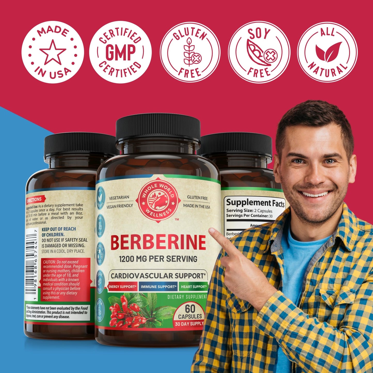 1200mg Berberine Herbal Health Capsules Support Heart and Cardiovascular Health, Help Maintain Healthy Cholesterol, Triglyceride, Blood Sugar Levels, Supports Digestion, Boosts Metabolism, 60 Capsules - Medaid International