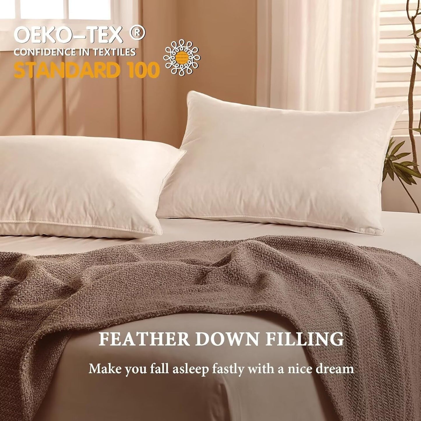 BHZ Goose Down Feather Pillows Queen Size - Hotel Collection Bed Pillows for Sleeping Soft Pillow for Side and Back Sleepers with 100% Cotton Fabric - Medaid International