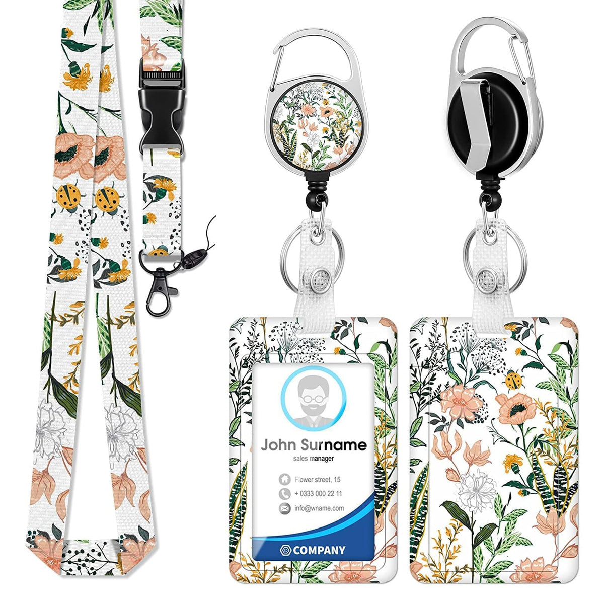 KASTWAVE Retractable Badge Holder with Lanyard, ID Card Holder Badge Reel Carabiner Clip with Lanyards Detachable Name Tag for Office, Teachers, Students, Nurses (Pink Flower)