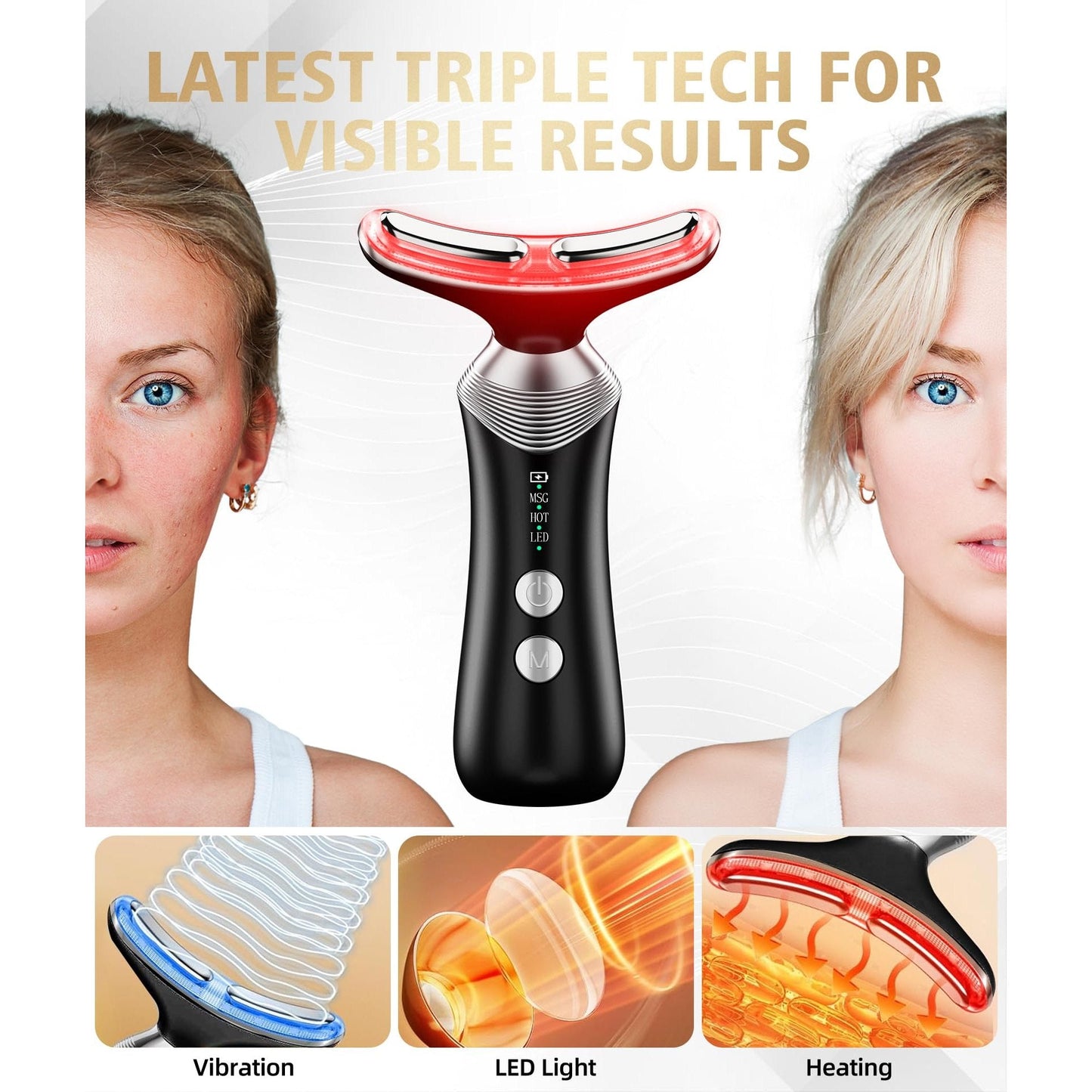 Dopsikn 9-in-1 Red-Light-Therapy-for-Face-and-Neck, Portable Facial Massager Tool with Adjustable Vibration & Thermals for Wrinkles, Double Chin, Black - Medaid International