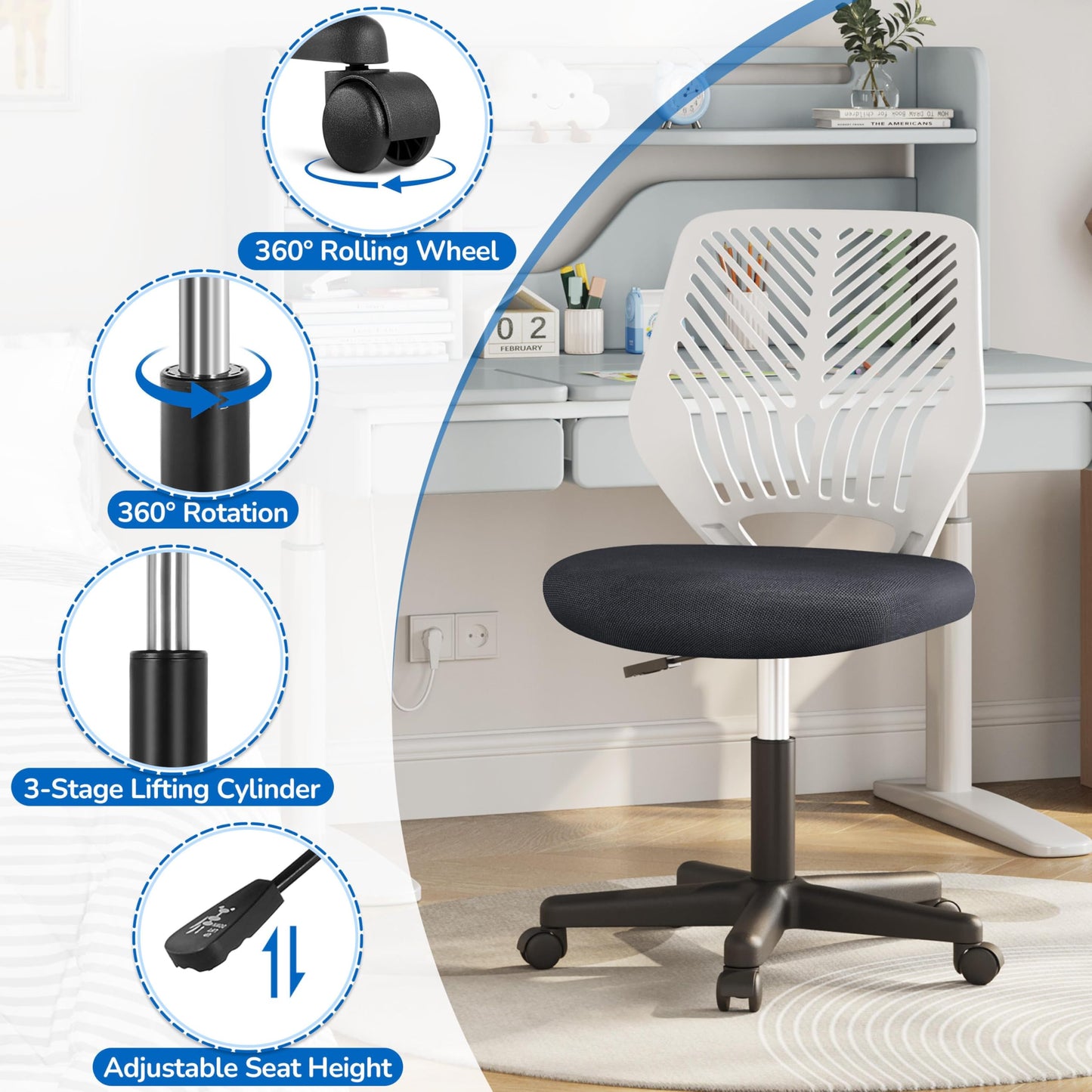 Yaheetech Students Cute Desk Chair Low-Back Armless Study Chair w/Lumbar Support Adjustable Swivel Chair in Home Bedroom School, Dark Gray - Medaid International