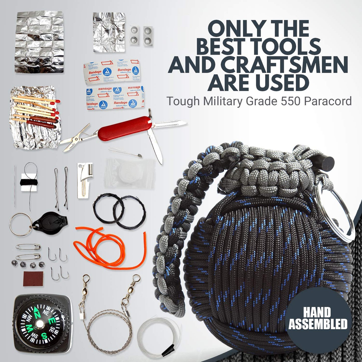 Paracord Emergency Carabiner Grenade with 48 Survival Tools (Blue+Black) - Grenade-Tied 550 Parachute Cord for Outdoor Preparedness - Holtzman's Gorilla Survival