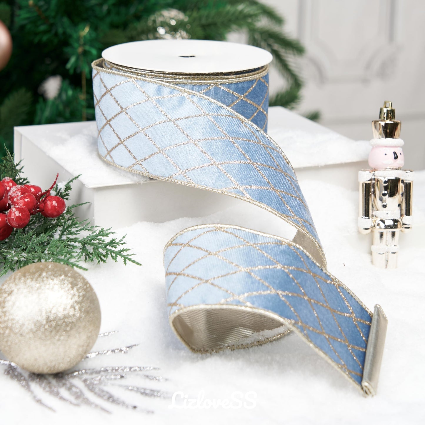 MAYREEL 2.5 Inch Dusty Blue and Gold Velvet Wired Ribbon Metallic Diamond Glitter Grid for Christmas Gift Wrapping Floral Craft Bows Wreaths Garland Holiday Decor 10 Yards - Medaid International