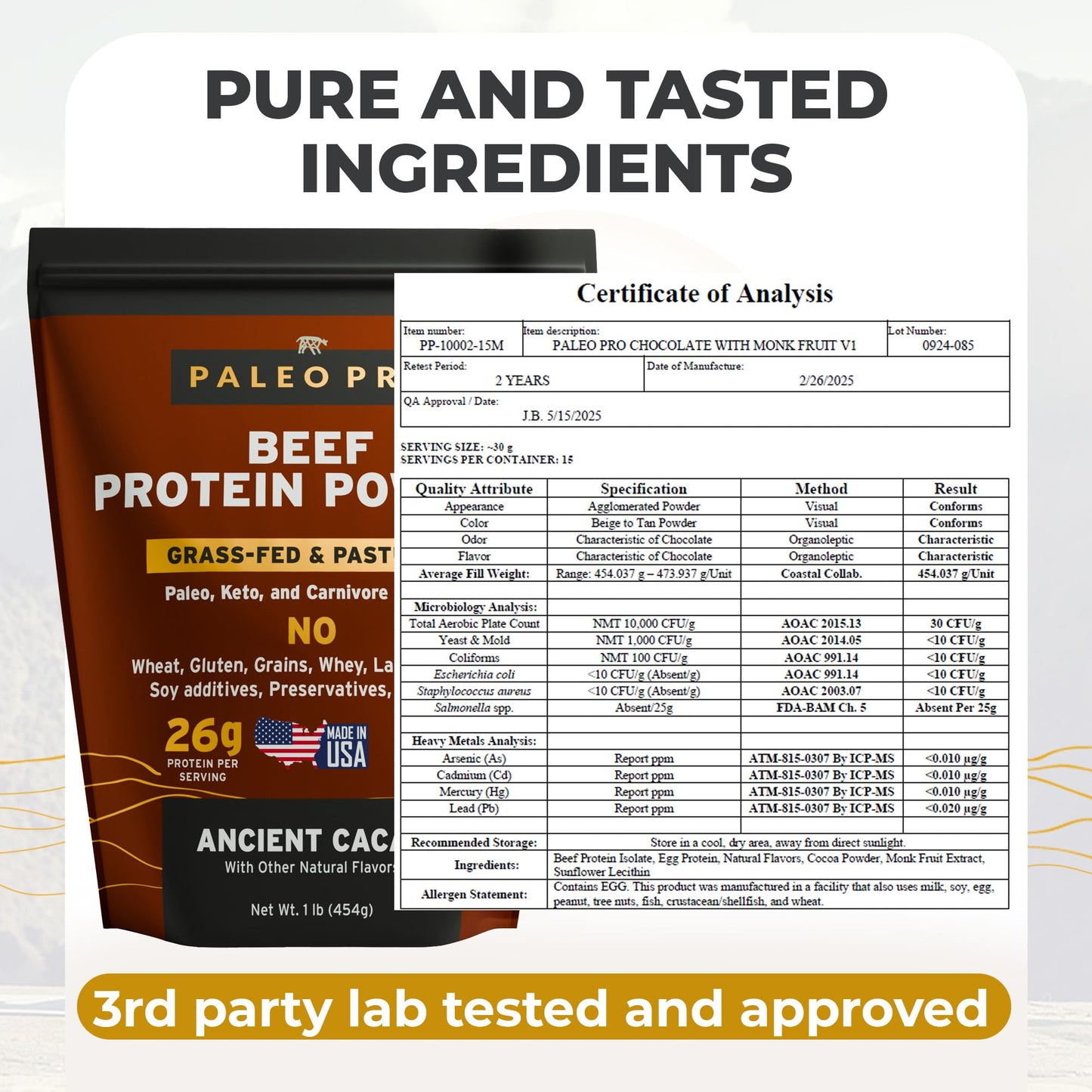 Paleo Pro Beef Protein Powder - Grass Fed Protein Powder Isolate - Pure Animal Based Pastured & Cage-Free | Dairy & Gluten Free, Natural and Clean Proteins for Paleo & Keto - 15 Days Supply (Cacao) - Medaid International