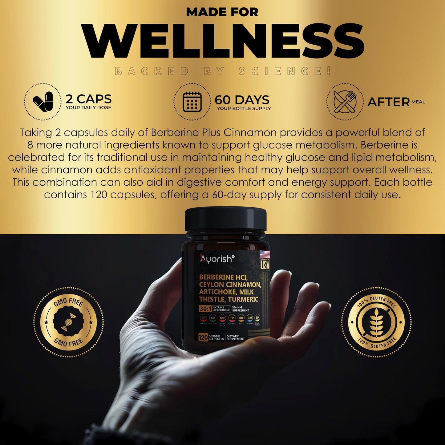 Ayorish Berberine Supplement – High Strength 7500mg Equivalent – Berberine with Ceylon Cinnamon, Milk Thistle & Turmeric – 120 Vegan Capsules – Non-GMO, USA Formulated - Medaid International