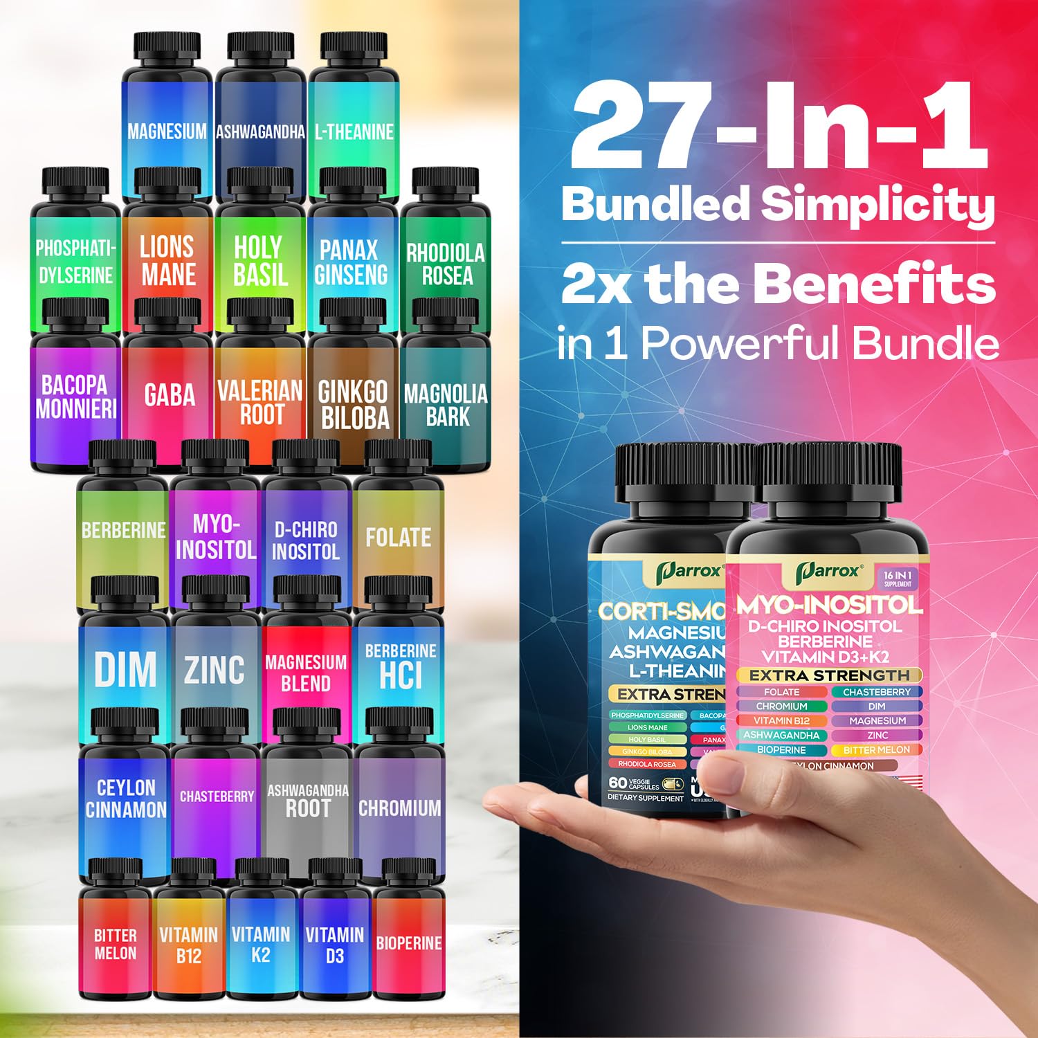 Parrox Cortisol & Myo-Inositol Supplement Bundle, Soothe & Smooth Bundle, Cortisol Balance, GABA, Magnesium, Ashwagandha, L-Theanine, D-Chiro Inositol, Folate, Berberine, Chasteberry, Zinc (2 Pack) - Medaid International
