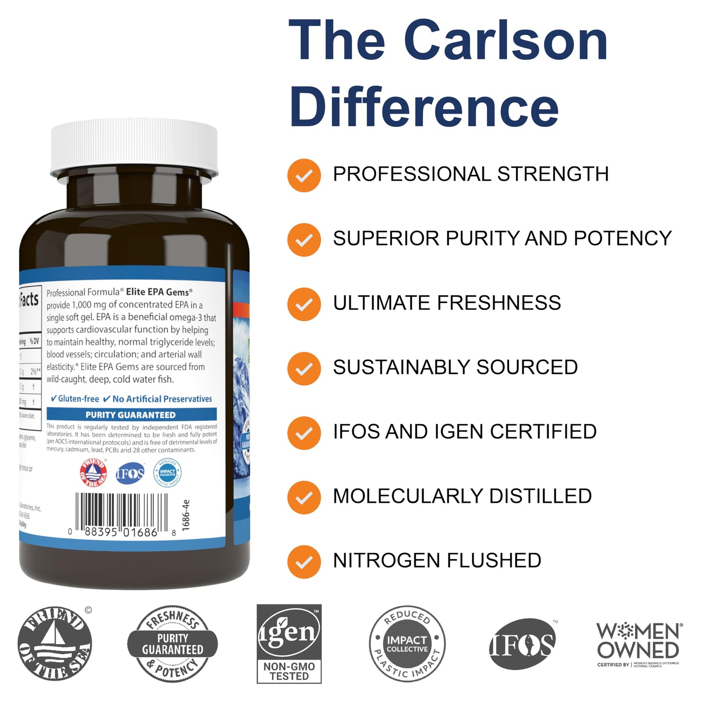 Carlson - Elite EPA Gems, 1000 mg EPA Fish Oil, Wild-Caught, Norwegian Fish Oil Supplement, Sustainably Sourced, Helps Maintain Healthy Triglyceride Levels, 60 Softgels - Medaid International
