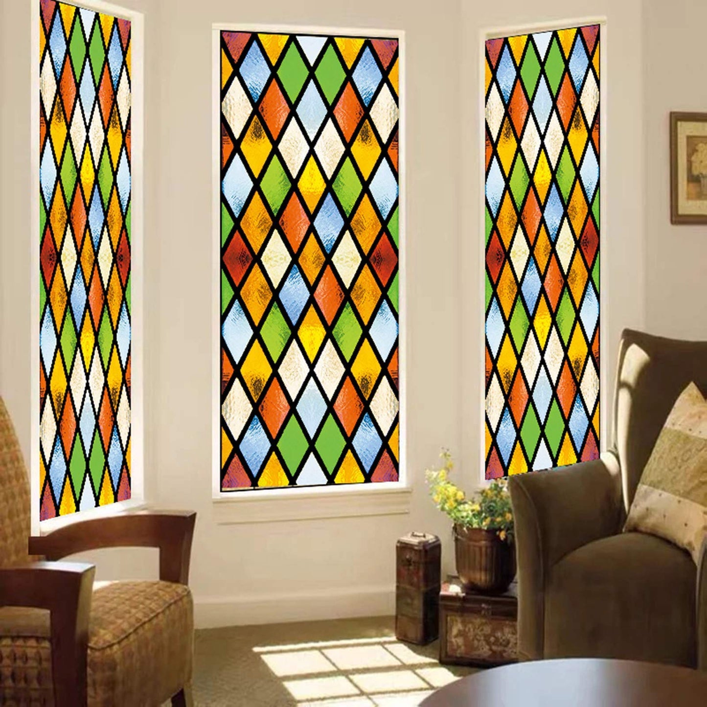 lsrrret Stained Glass Window Film,Decorative Privacy Film Static Cling Glass Sticker Colourful Rhombus Diamond Pattern for Glass Door Home House Ofiice (23.6in X70.9in) - Medaid International