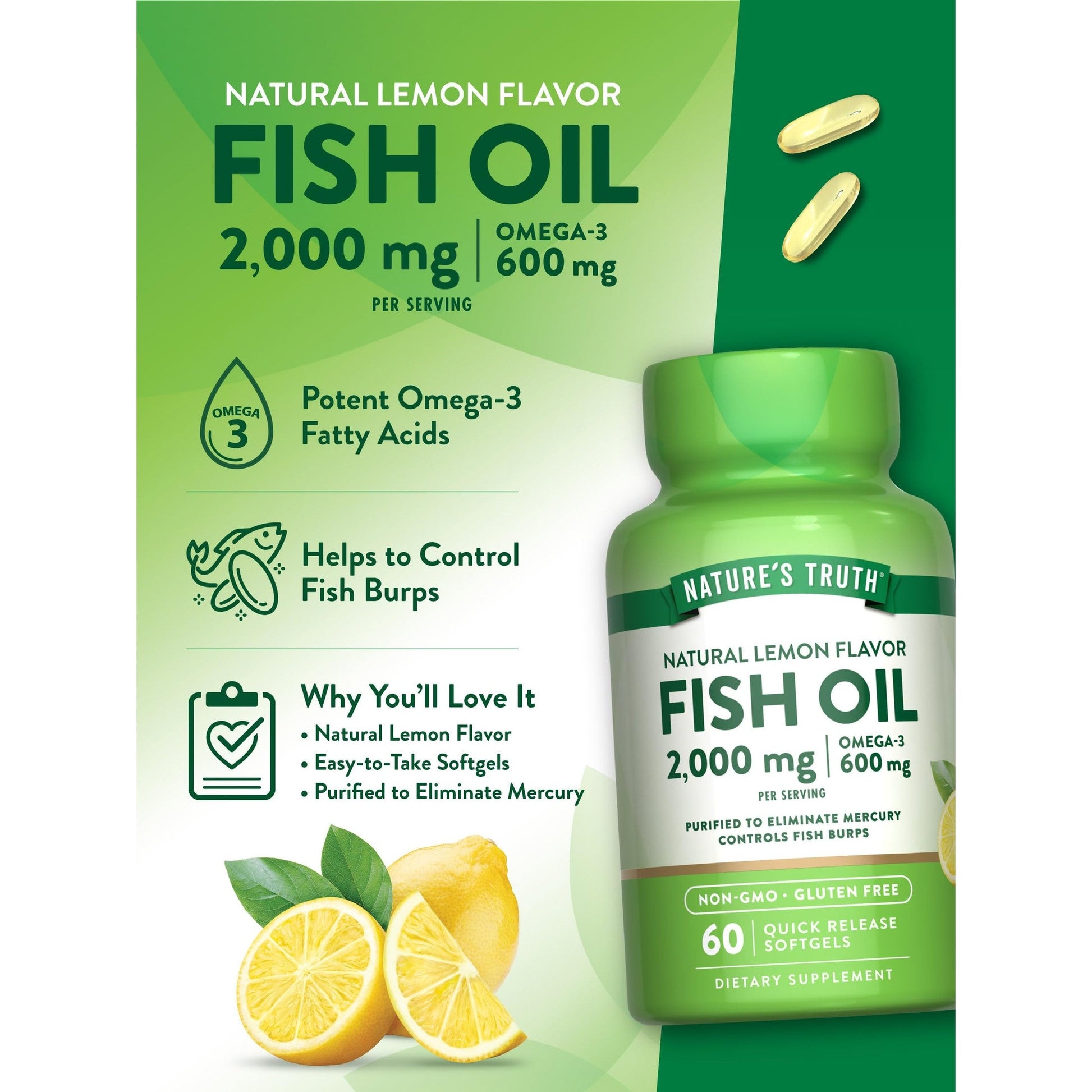 Nature's Truth Fish Oil Omega 3 Supplement | 2000mg | 60 Softgels | EPA & DHA | Lemon Flavor | Non-GMO and Gluten Free - Medaid International