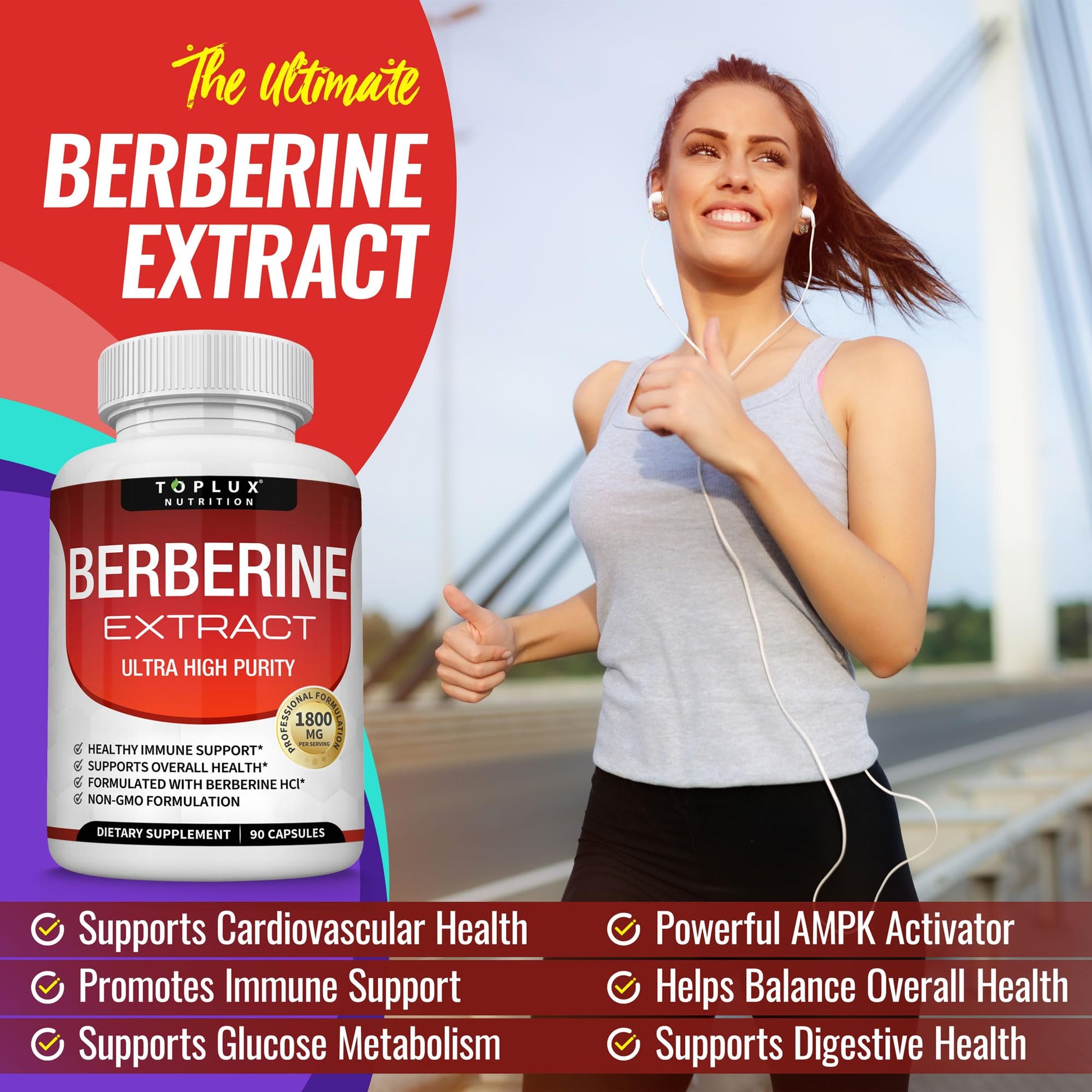 Berberine Supplement 1800mg - Berberine HCL 97% Tested Ultra High Purity Premium Berberine Extract to Support Overall Health, High Potency Berberine Plus Non-GMO Vegan Men Women, 90 Capsules - Medaid International