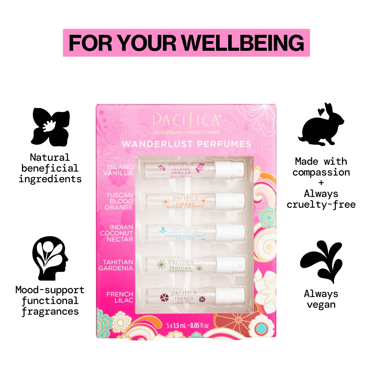 Pacifica Beauty, Wanderlust Spray Perfume Trial Set, Island Vanilla, 5 Scents, Fragrance Sampler Gift Set, Natural & Essential Oils, Clean, Vegan & Cruelty Free - Medaid International