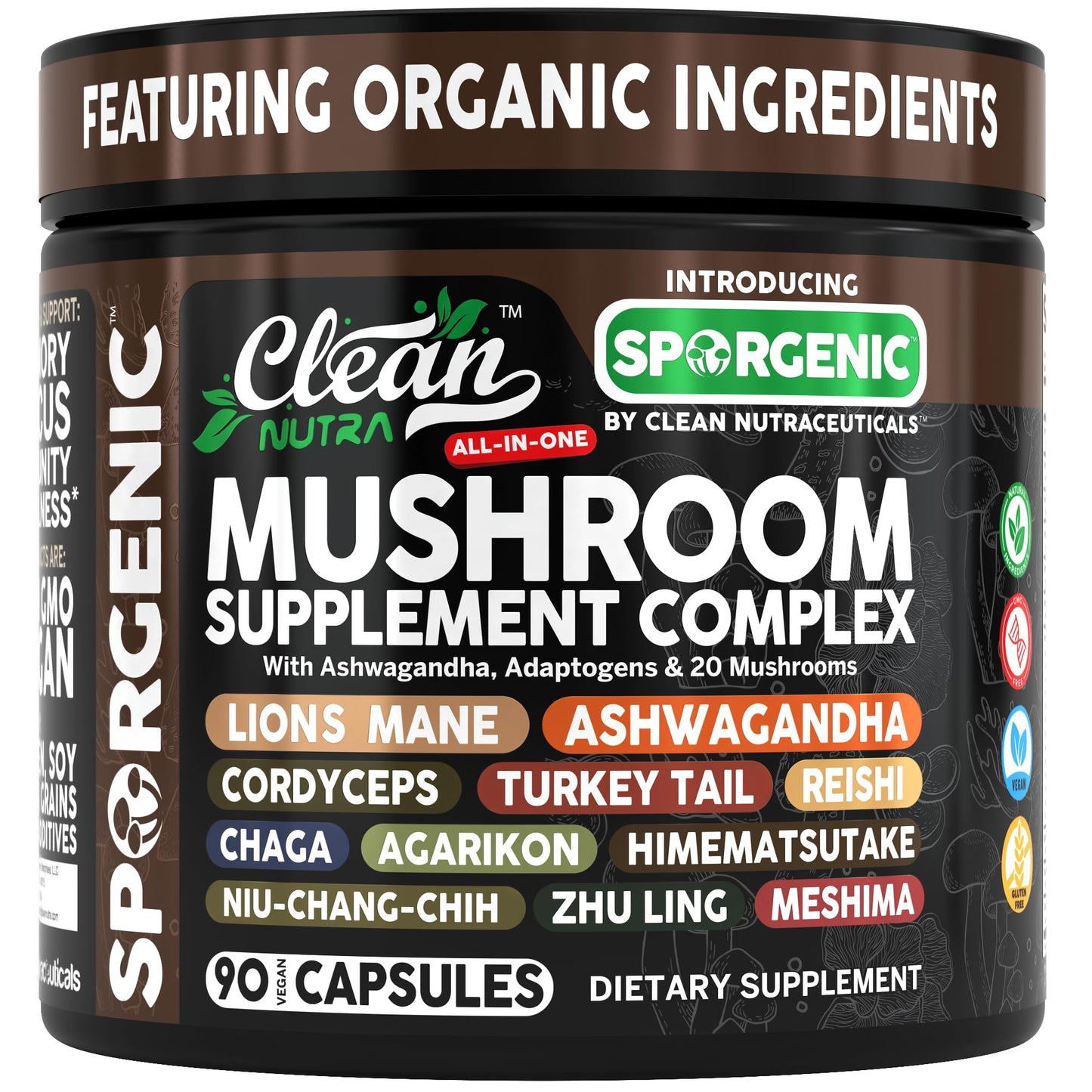Organic Mushroom Supplement | Ashwagandha Lions Mane Cordyceps Turkey Tail Reishi Mushrooms Maca Root Black Hoof Chaga Tremella Agarikon Shiitake Oyster Powder Capsules Sporgenic by Clean Nutra (1) - Medaid International