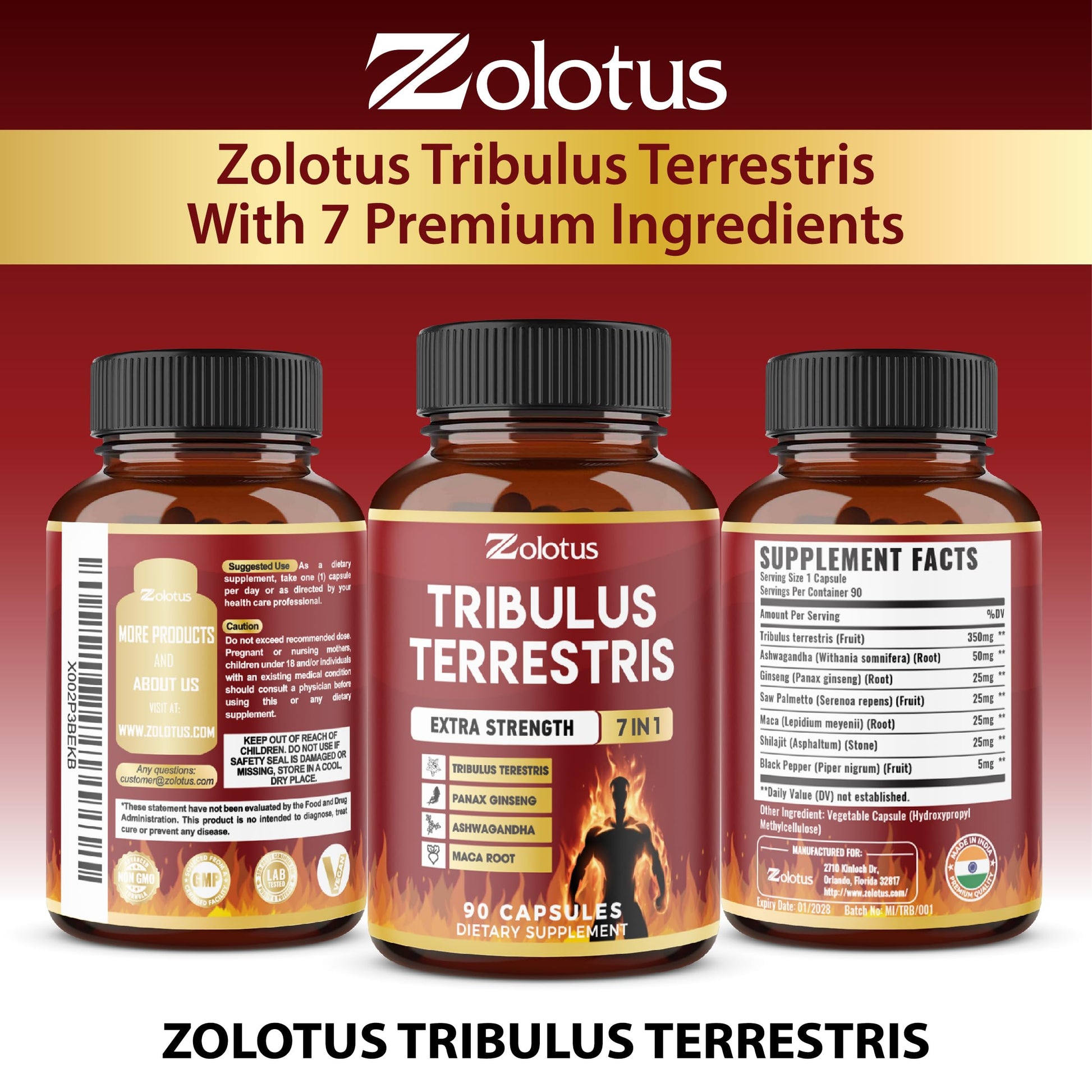 Tribulus Terrestris Capsules with Ashwagndha, Panax Ginseng, Saw Palmetto, Maca, Shilajit - 90 Capsules - 3 Months Supply - Medaid International